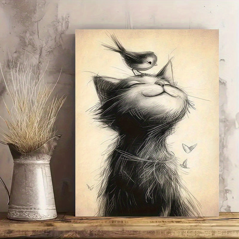 Zimonto - 1pc 40*60cm/ 16*24in Modern Art Canvas Poster with Wooden Framed, Cat and Bird Printed Painting on Black and White Canvas Wall Decoration, Bedroom, Bathroom, Dining Room, Kitchen Decoration Paintin