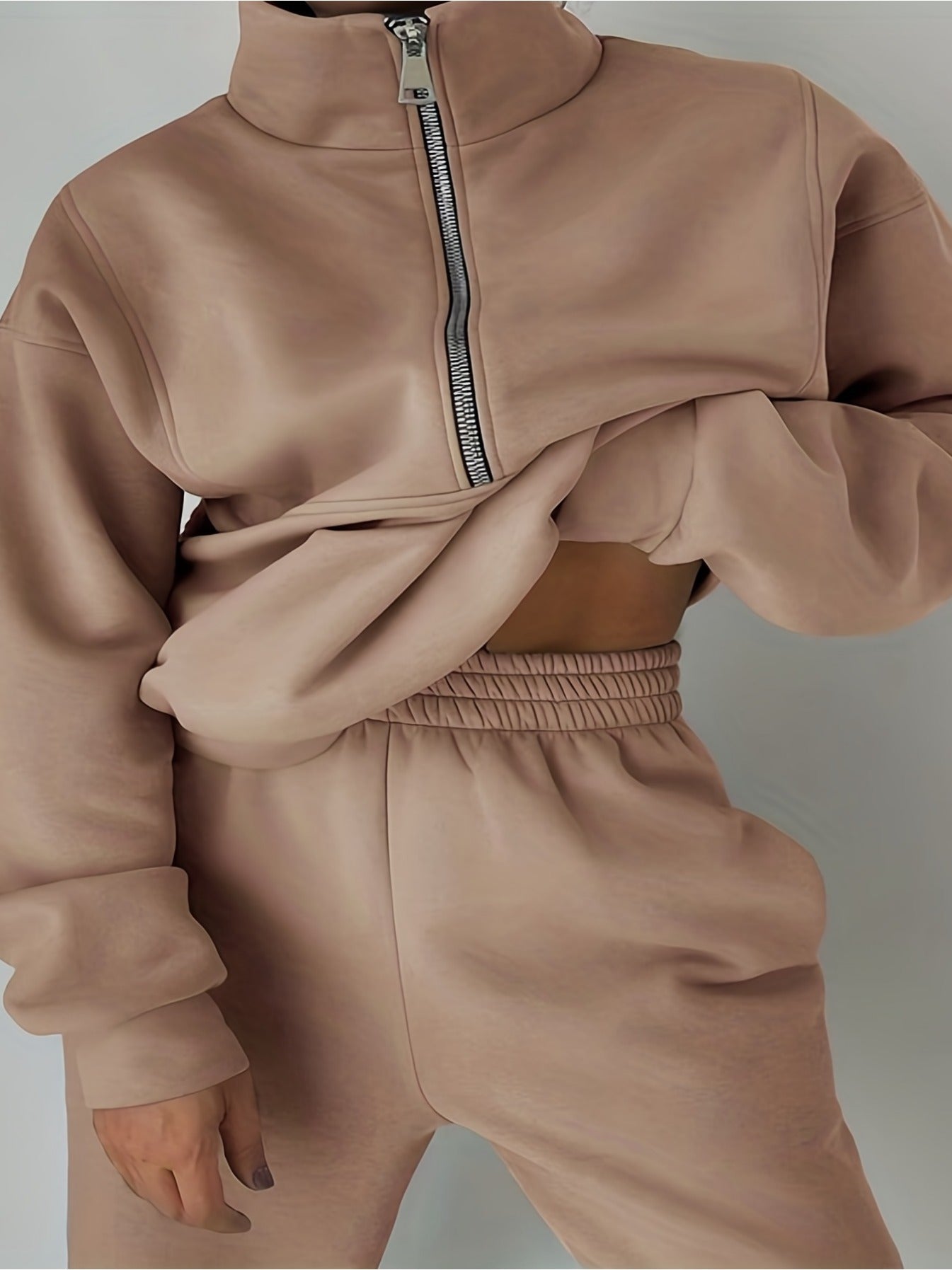 imms1k-9f - Chic Womens Solid Color ZipUp Hoodie Set