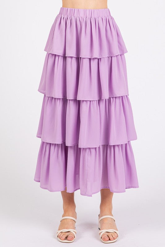 Close-up of the Mittoshop Chiffon Ruffle Layer Elastic Waist Midi Skirt in lavender, featuring multiple layers that create an elegant silhouette, perfect for any occasion. Zimonto's women's elastic waist skirt is a must-have.