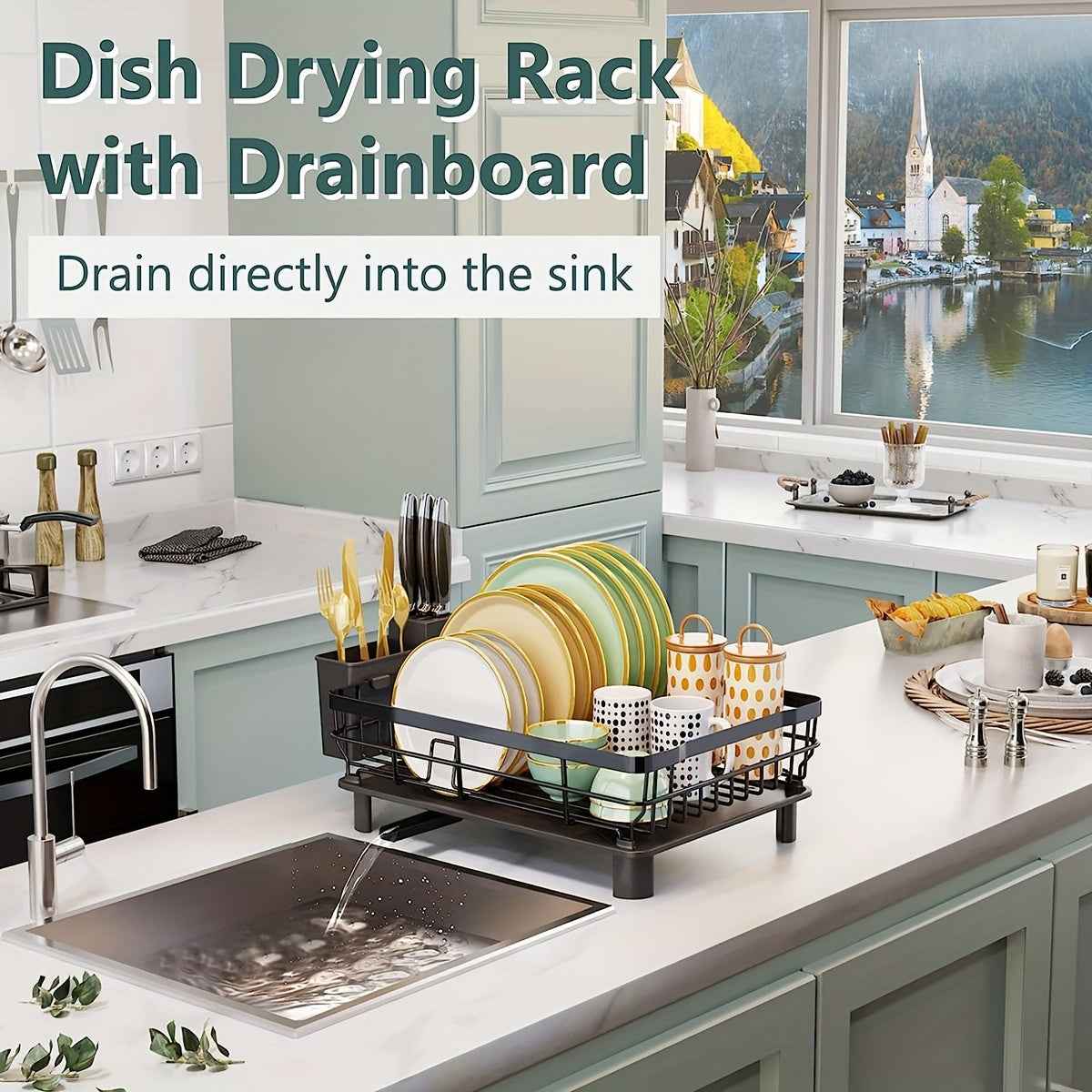 Zimonto Dish Drying Rack with Drainboard for Easy Sink Drainage and Kitchen Organization
