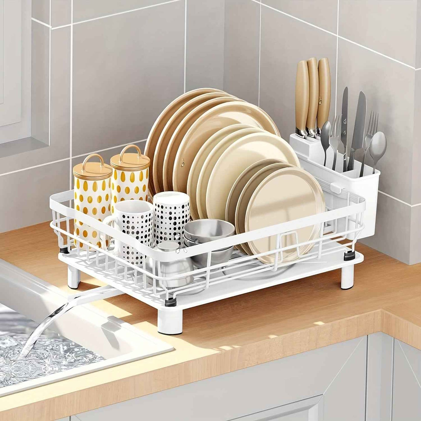 Zimonto White Dish Rack with Plates, Cups, and Cutlery Holder for Kitchen Counter Organization
