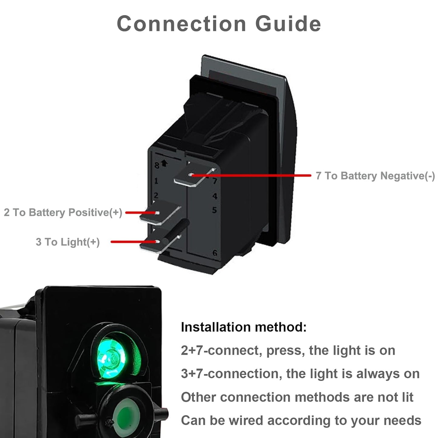 Zimonto 12V 24V boat rocker switch with connection guide and installation instructions