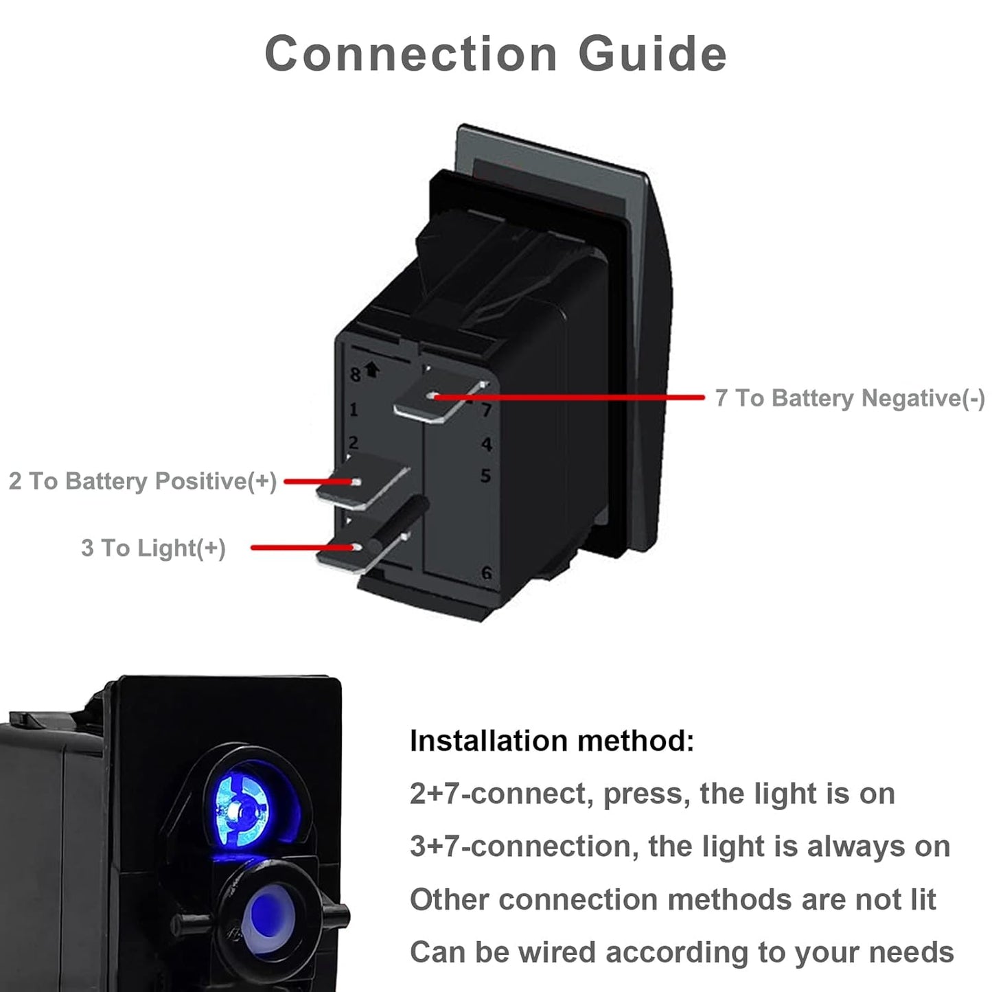 Zimonto 12V 24V boat rocker switch with connection guide for easy installation and wiring