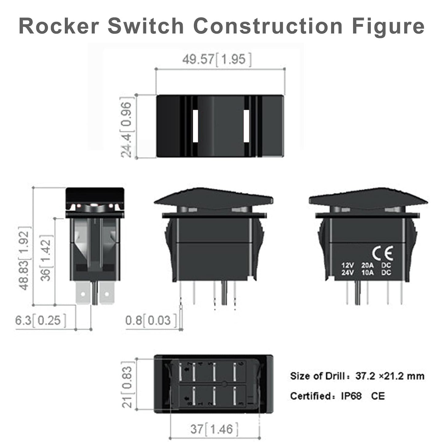 12V 24V boat rocker switch technical specifications and dimensions for easy installation