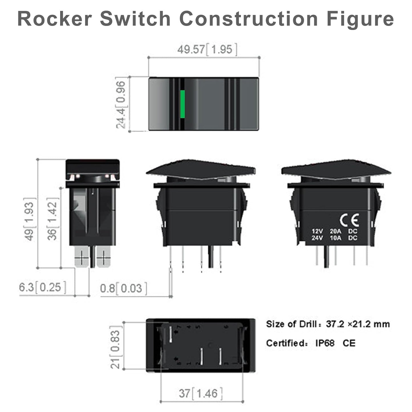 Zimonto 12V 24V boat rocker switch construction figure with dimensions and IP68 certification details