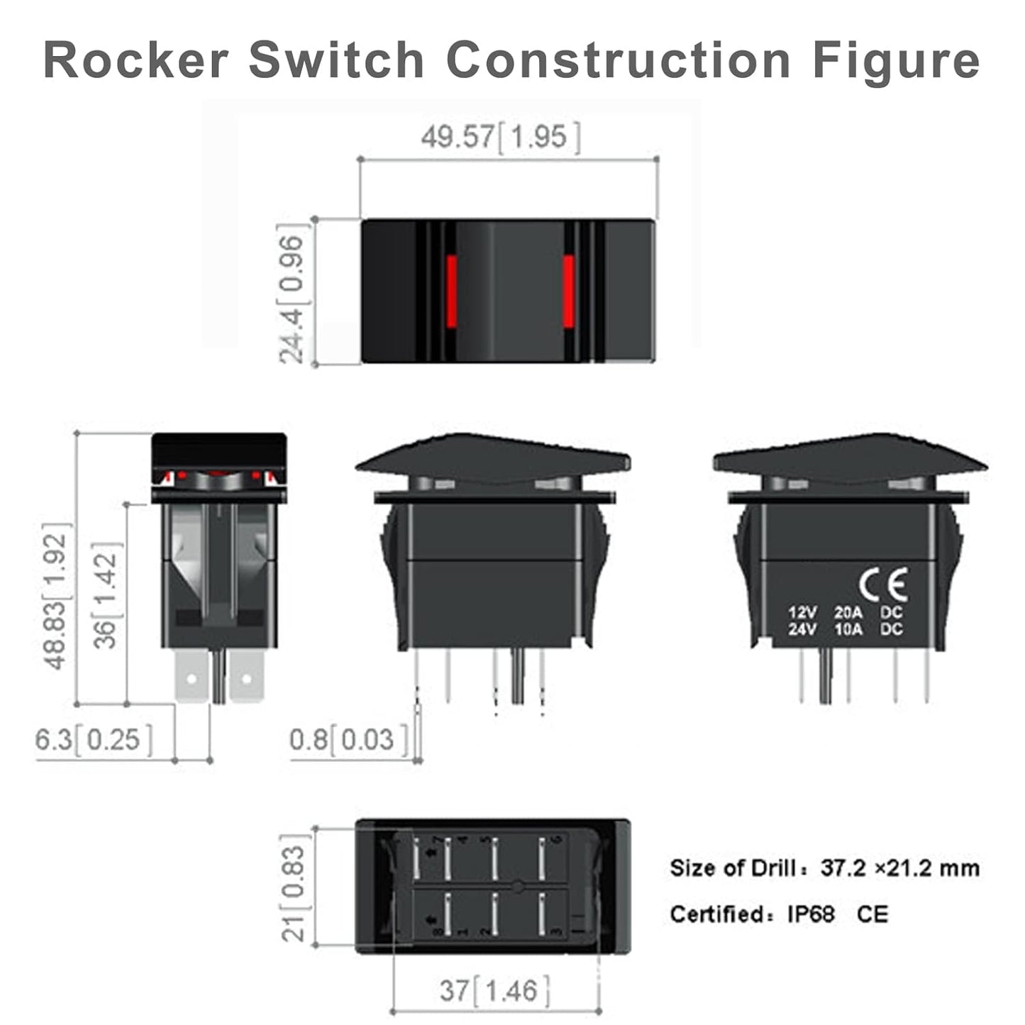 Zimonto 12V 24V boat rocker switch design with dimensions for marine applications