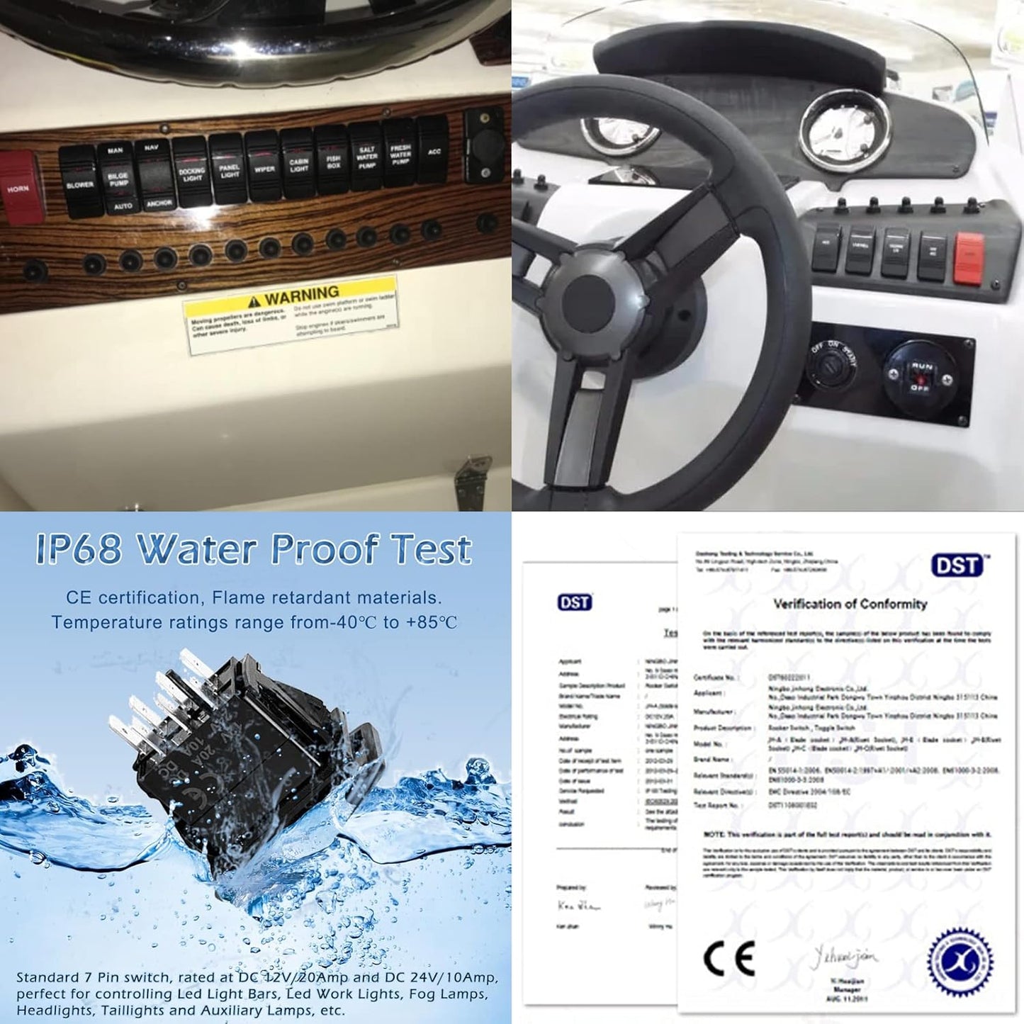 Zimonto 12V 24V boat rocker switch with IP68 waterproof rating and flame retardant materials