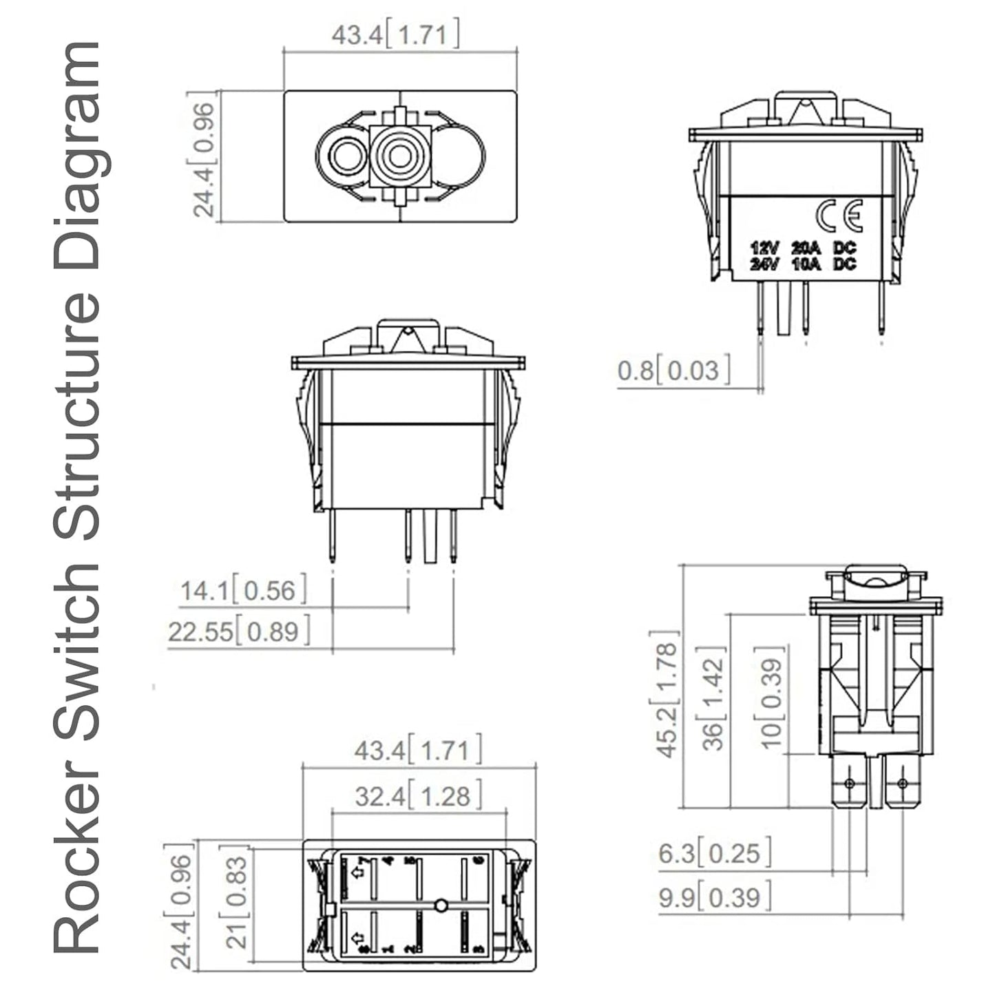 12V 24V boat rocker switch technical diagram showing dimensions and structure details