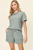 Double Take Full Size Texture Short Sleeve T-Shirt and Drawstring Shorts Set