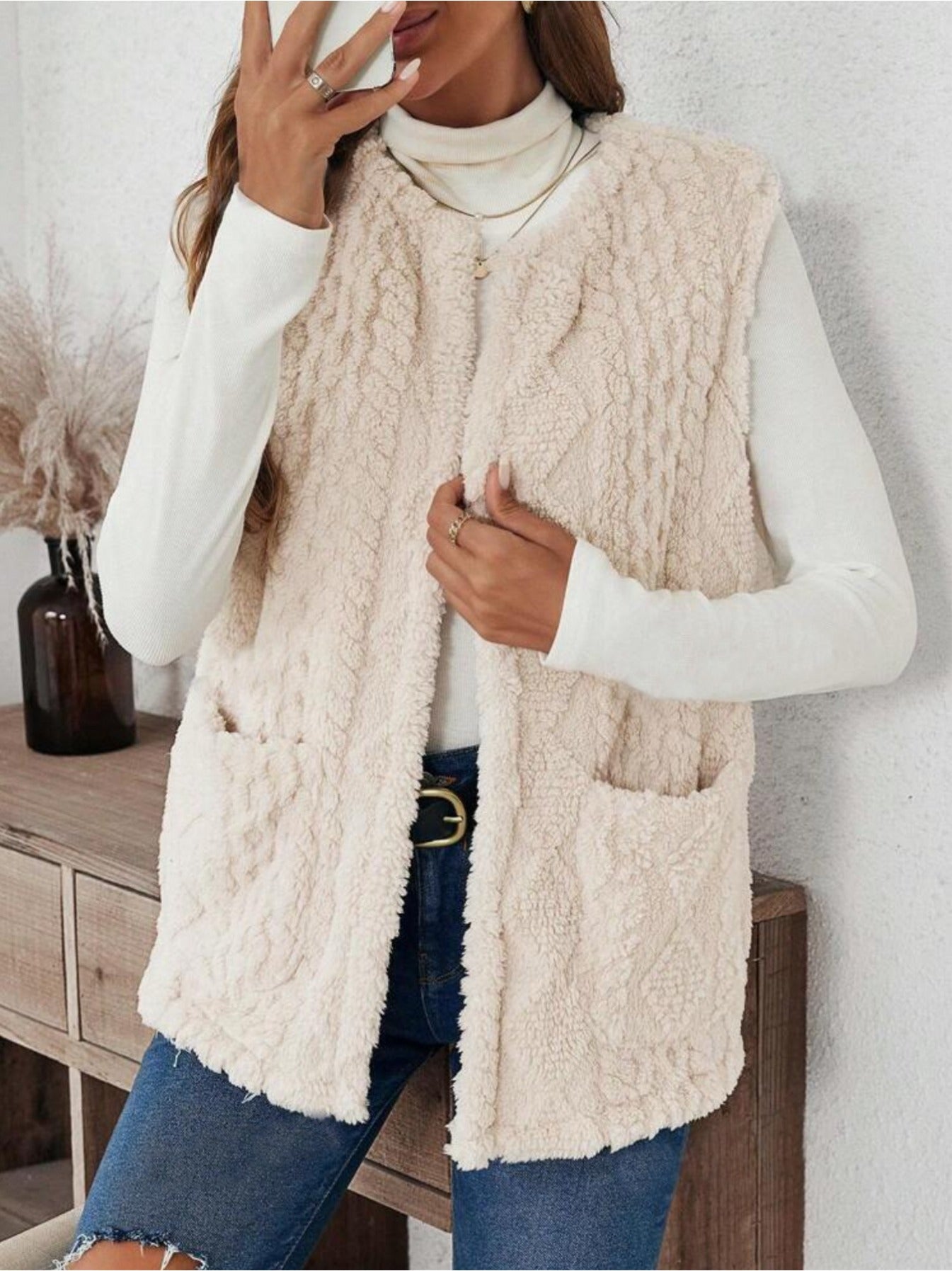 imms1k-9f - Womens Cozy Fall Coral Fleece Vest with Pockets