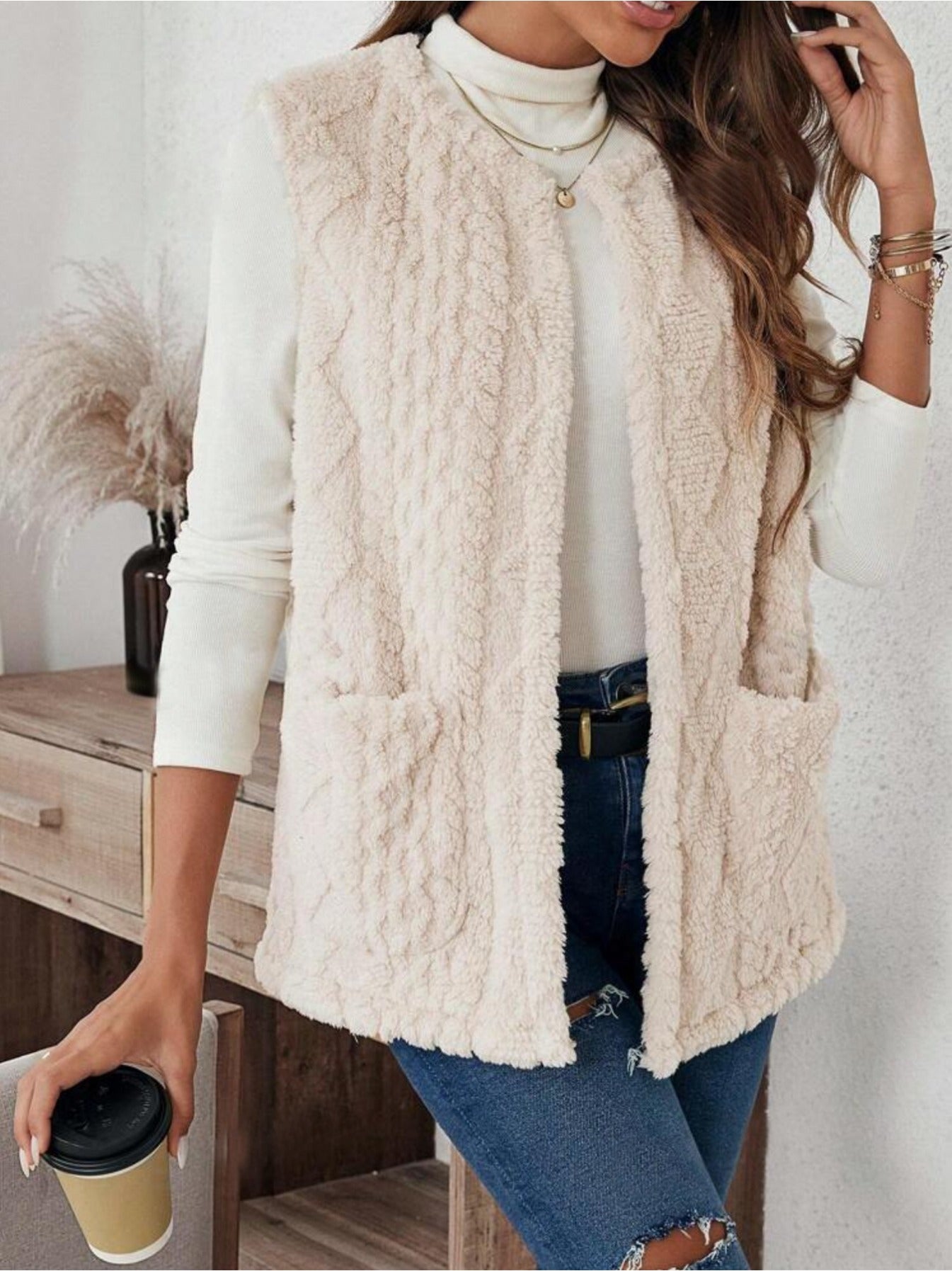 imms1k-9f - Womens Cozy Fall Coral Fleece Vest with Pockets