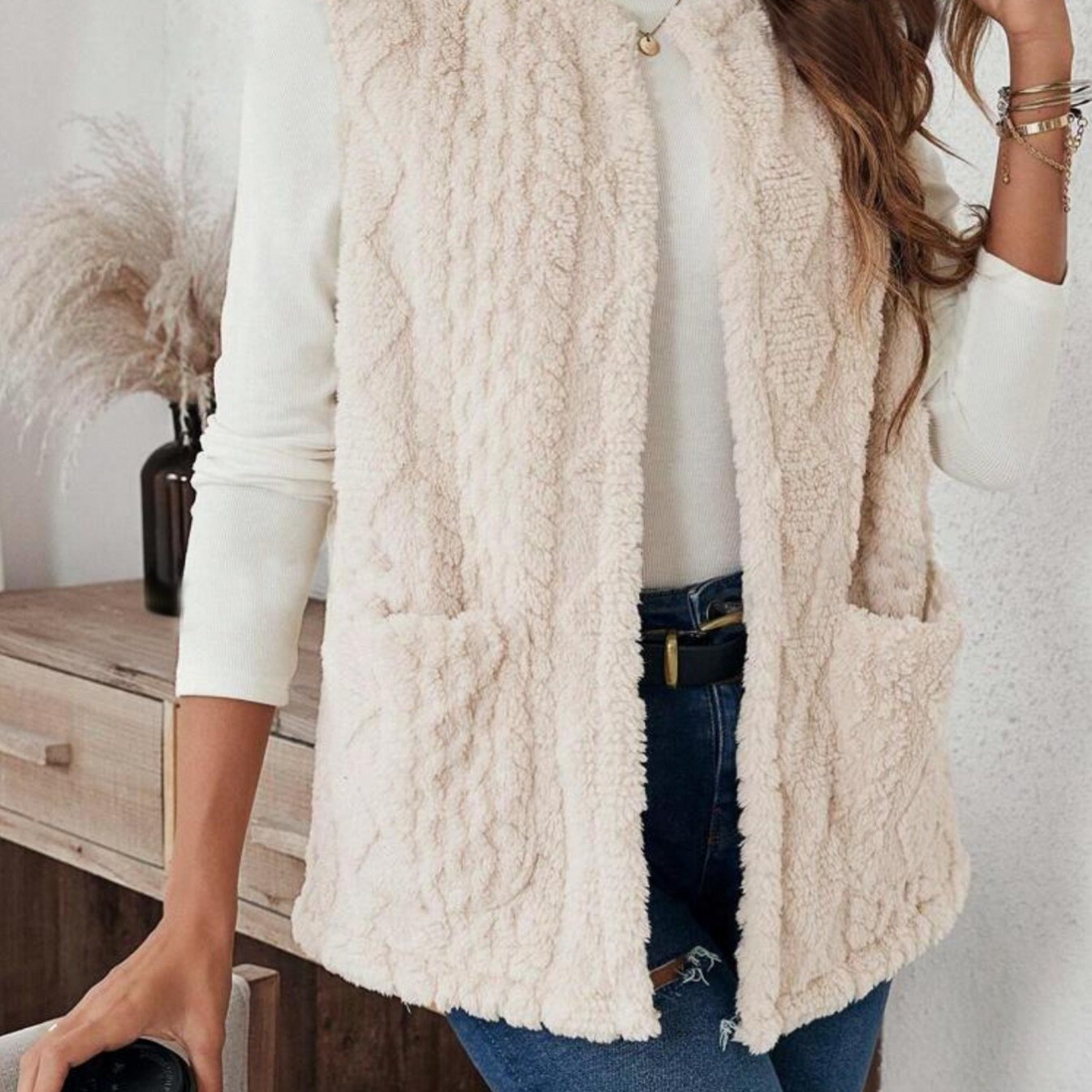 imms1k-9f - Womens Cozy Fall Coral Fleece Vest with Pockets Apricot