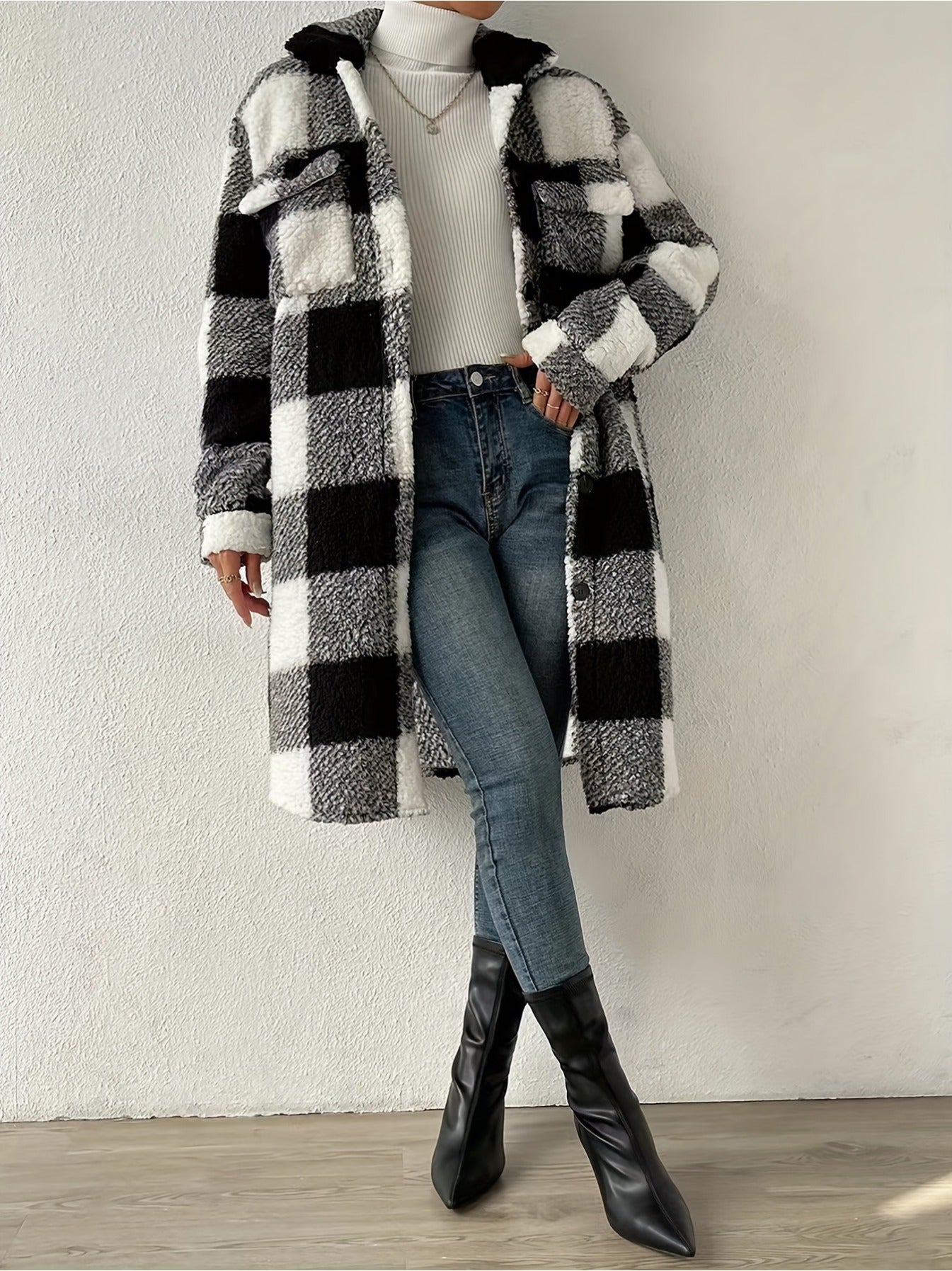 imms1k-9f - Versatile Chic Womens Plaid Overcoat Jacket
