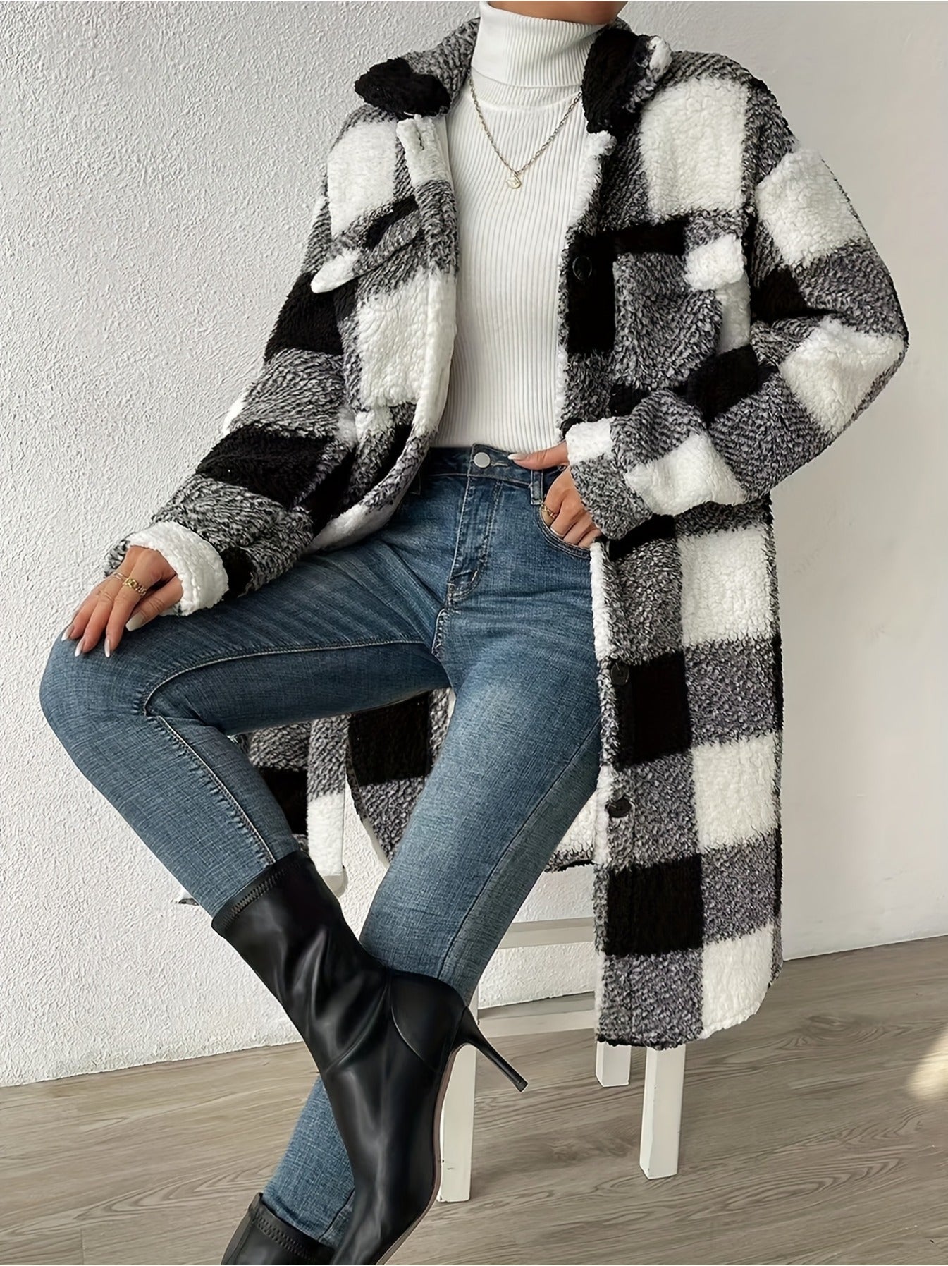imms1k-9f - Versatile Chic Womens Plaid Overcoat Jacket