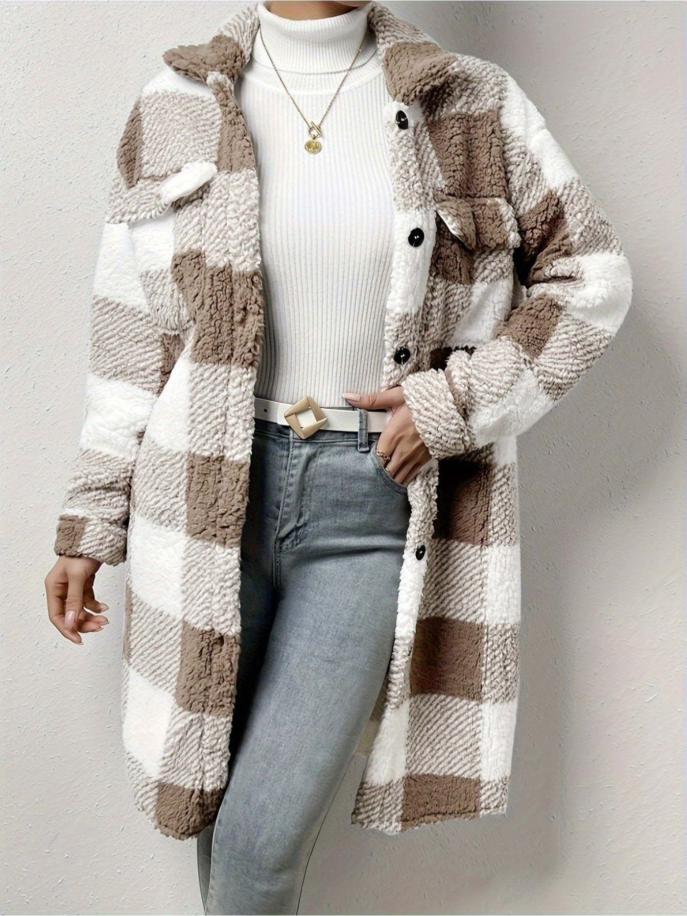 imms1k-9f - Versatile Chic Womens Plaid Overcoat Jacket