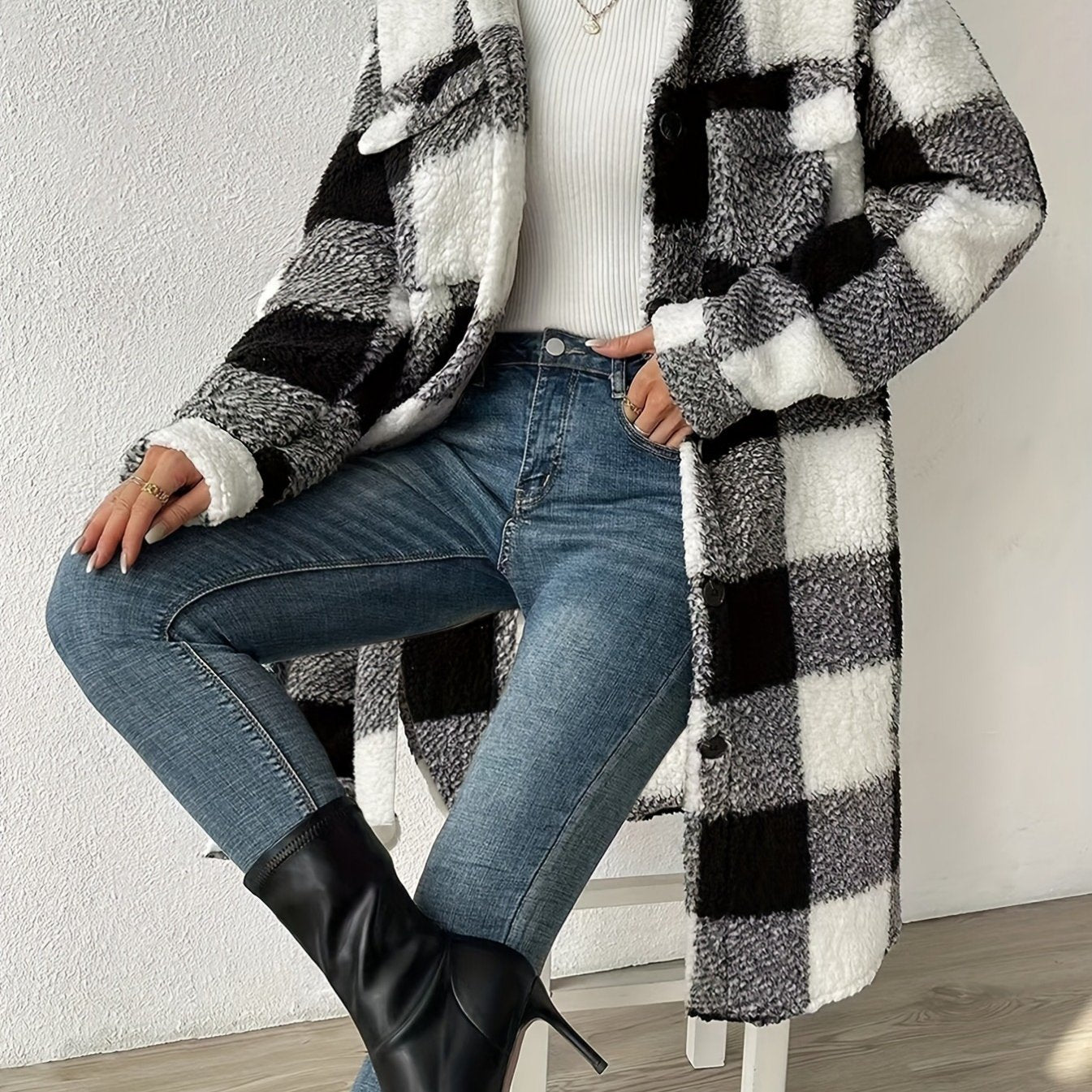 imms1k-9f - Versatile Chic Womens Plaid Overcoat Jacket Black