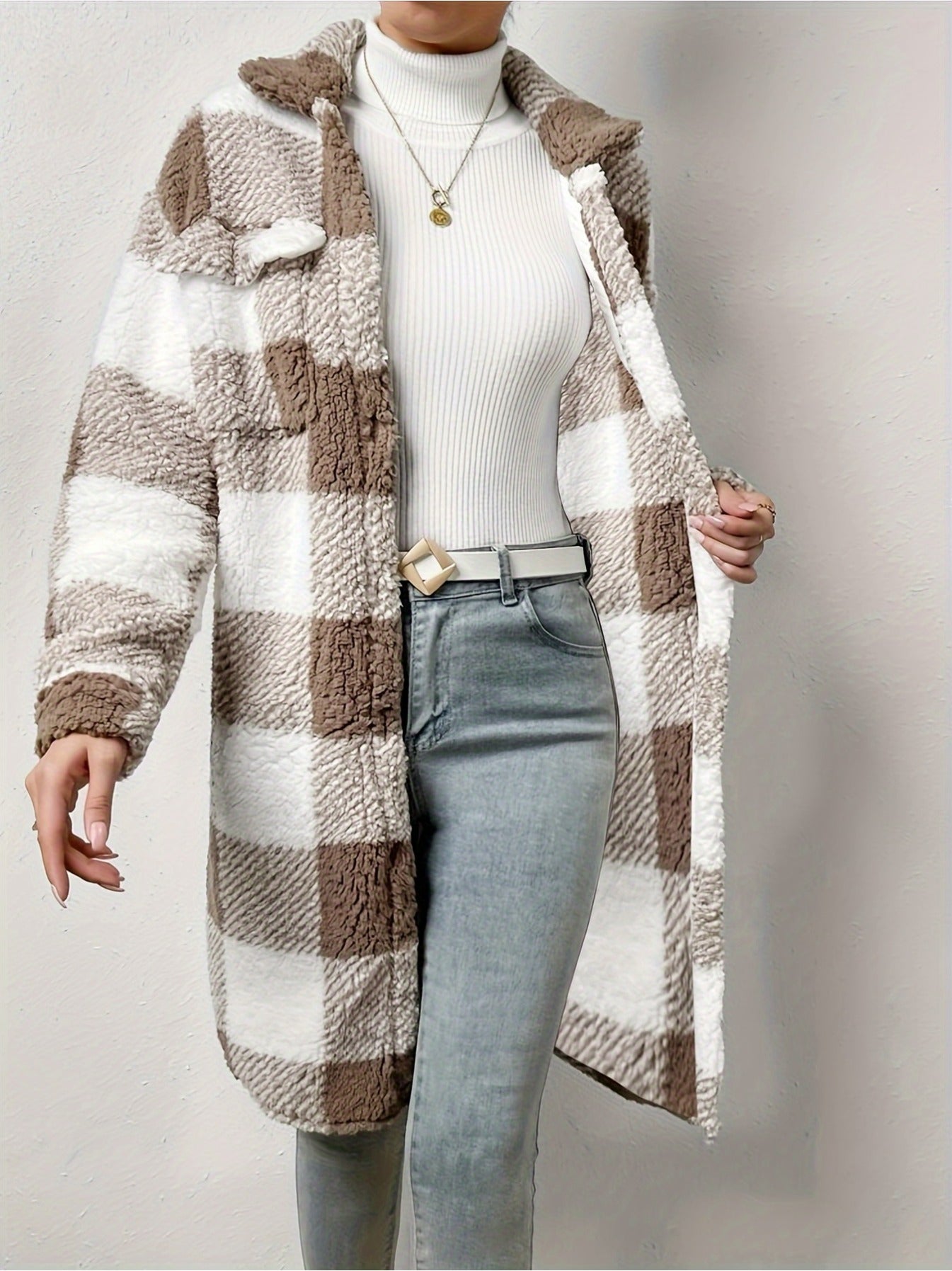 imms1k-9f - Versatile Chic Womens Plaid Overcoat Jacket