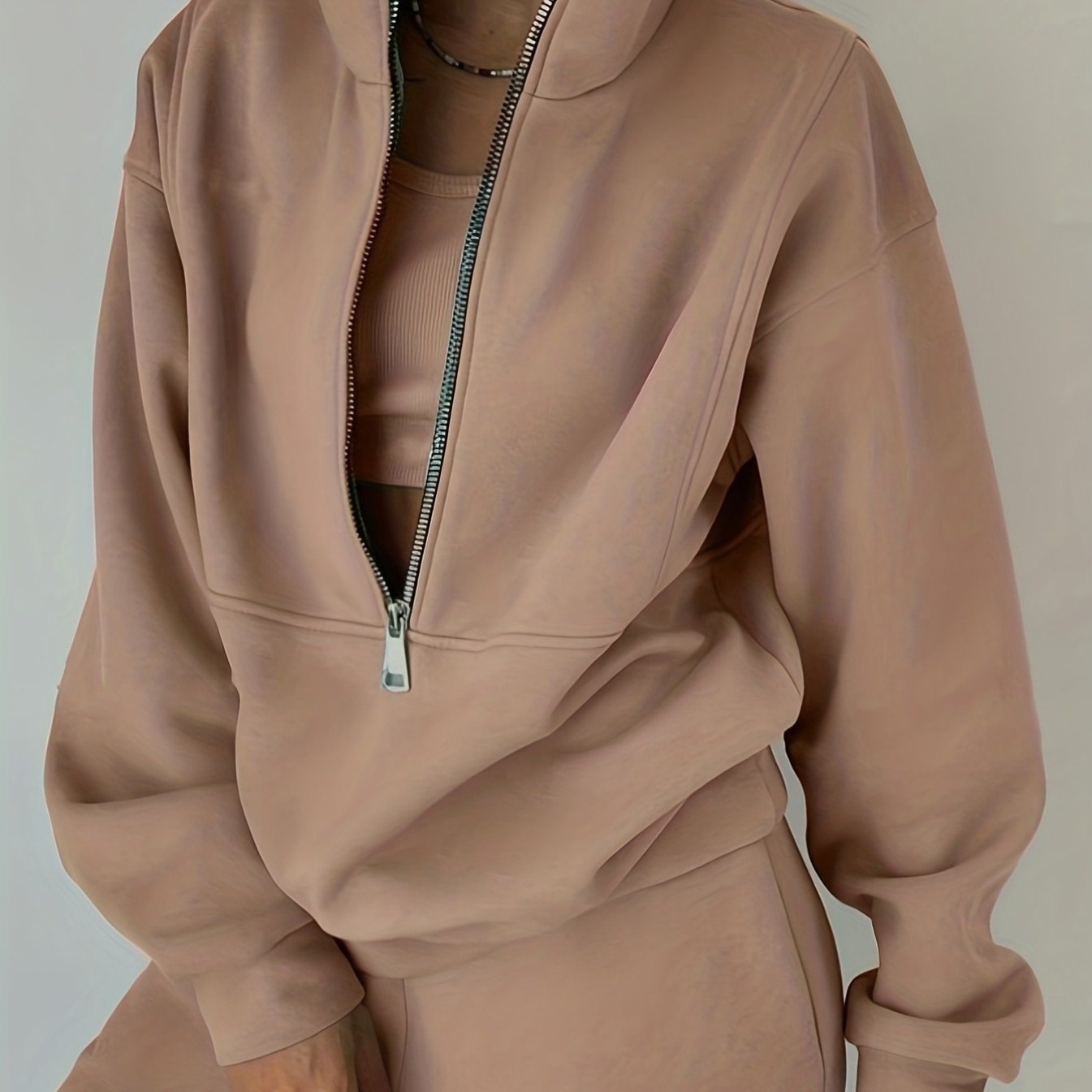 imms1k-9f - Chic Womens Solid Color ZipUp Hoodie Set Classic Khaki Double Extra Large - Maximum Comfort