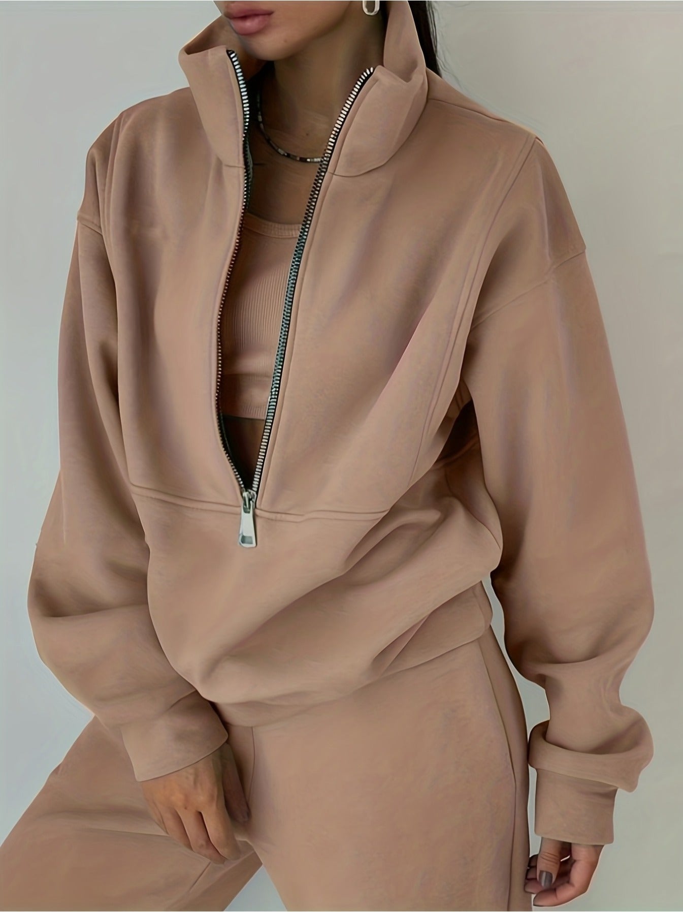 imms1k-9f - Chic Womens Solid Color ZipUp Hoodie Set