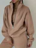 imms1k-9f - Chic Womens Solid Color ZipUp Hoodie Set