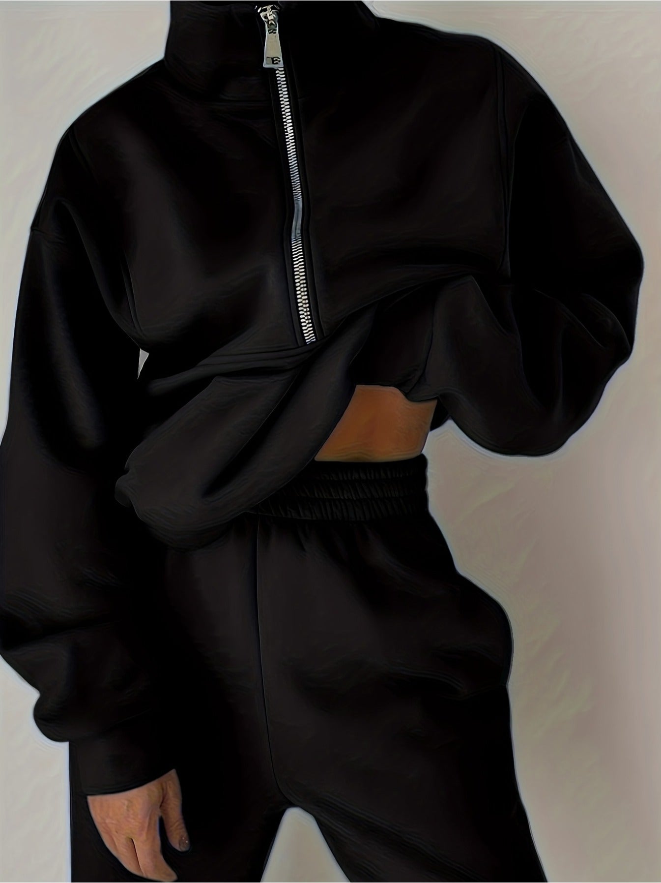 imms1k-9f - Chic Womens Solid Color ZipUp Hoodie Set