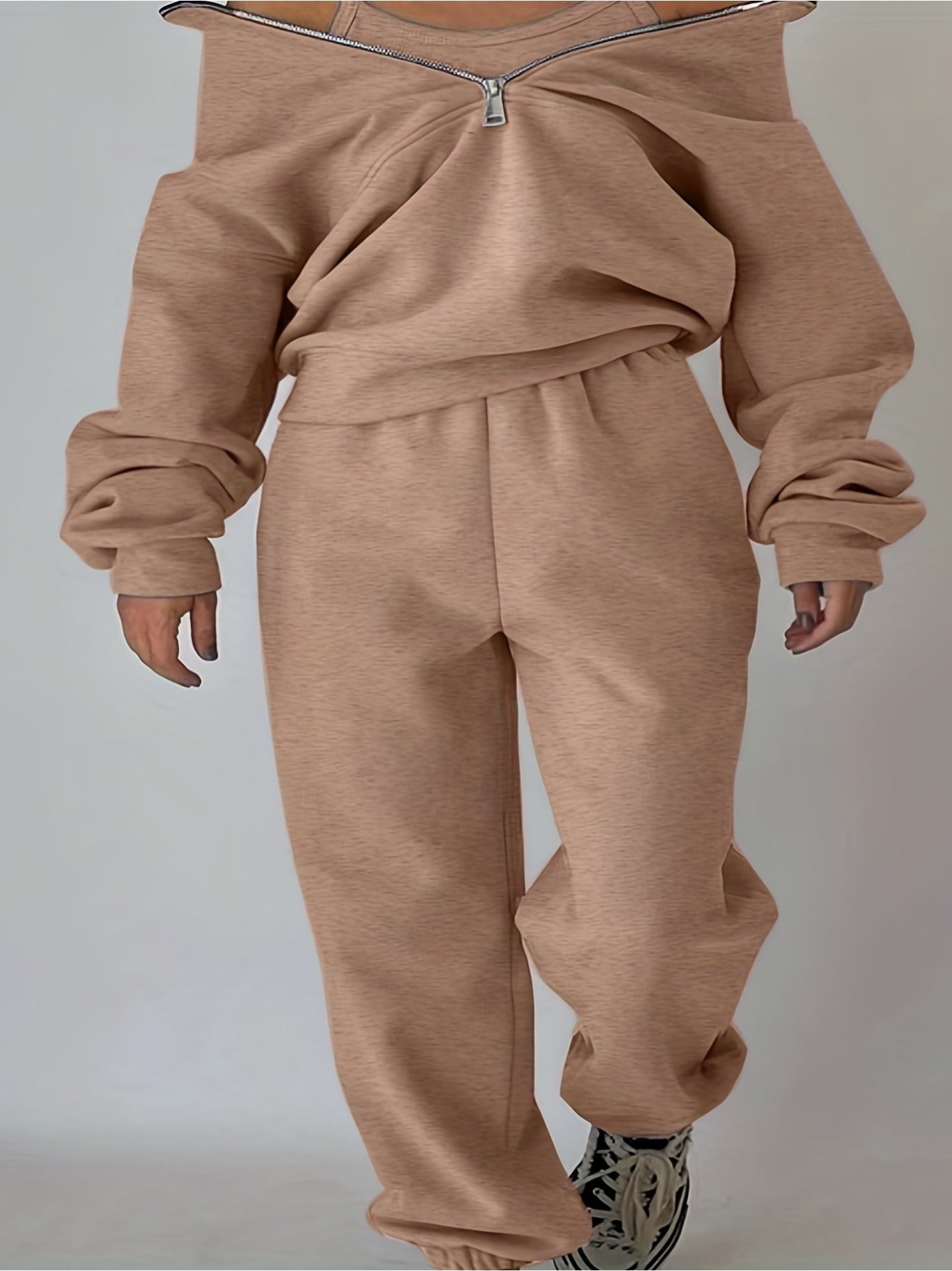 imms1k-9f - Chic Womens Solid Color ZipUp Hoodie Set