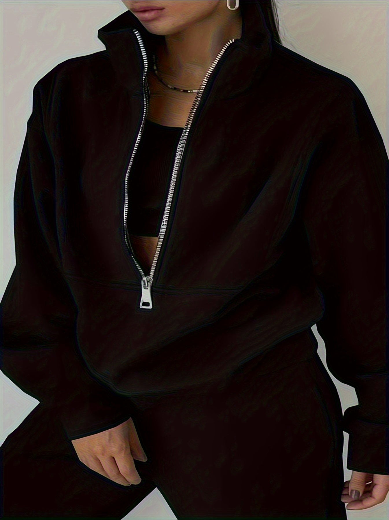 imms1k-9f - Chic Womens Solid Color ZipUp Hoodie Set