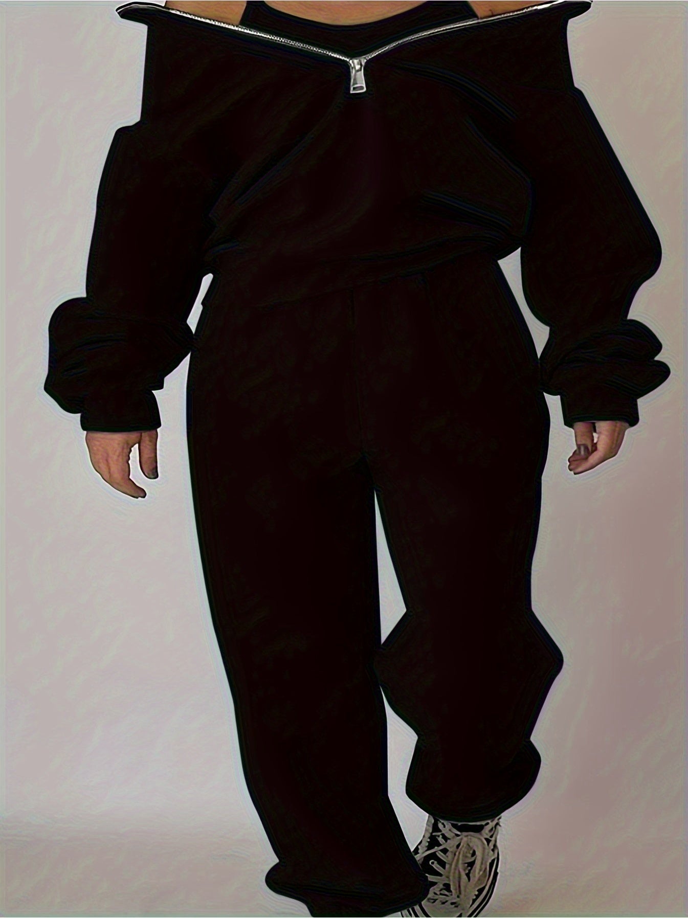 imms1k-9f - Chic Womens Solid Color ZipUp Hoodie Set