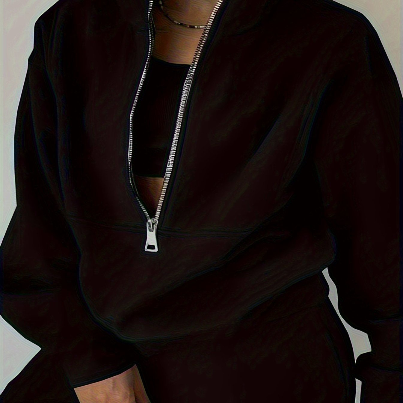 imms1k-9f - Chic Womens Solid Color ZipUp Hoodie Set Bold Black