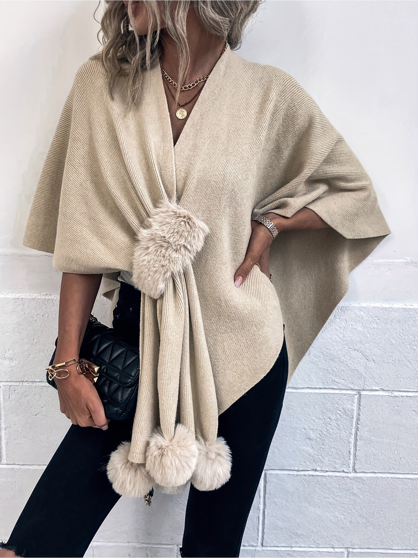 imms1k-9f - VintageStyle Womens Plush Knit Shawl Cardigan Cape