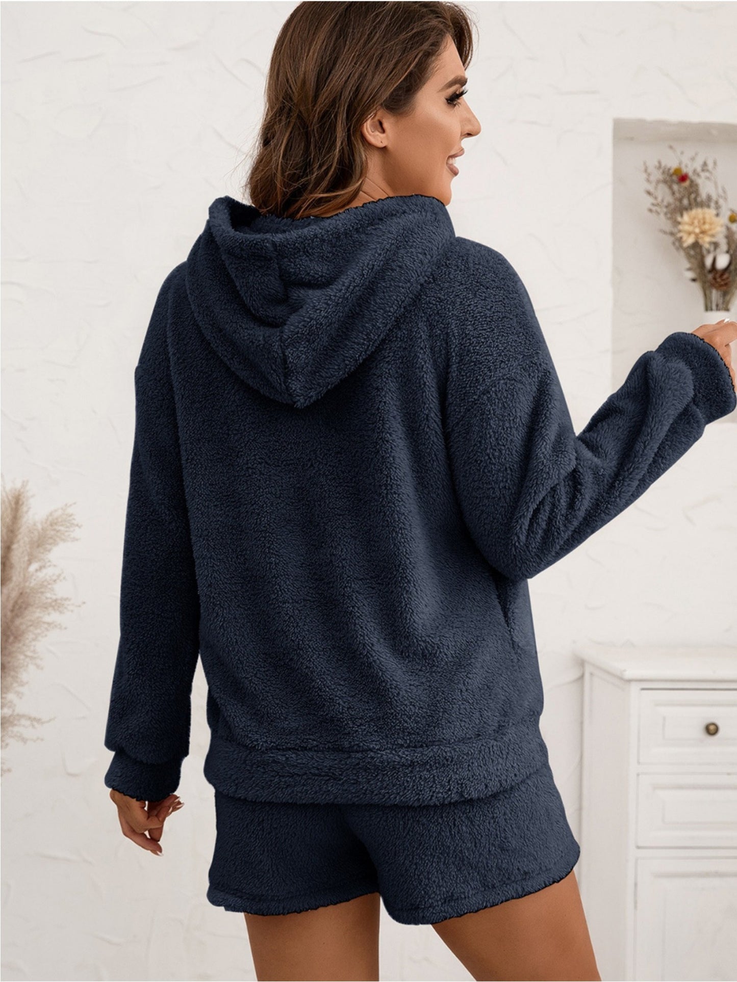 imms1k-9f - Womens Cozy Fluffy Fleece Pajama Hoodie and Shorts Set