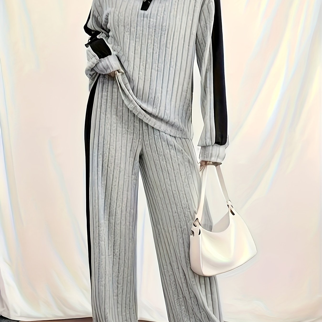 imms1k-9f - Chic Womens Ribbed TwoPiece Suit With Unique Neckline Light Grey