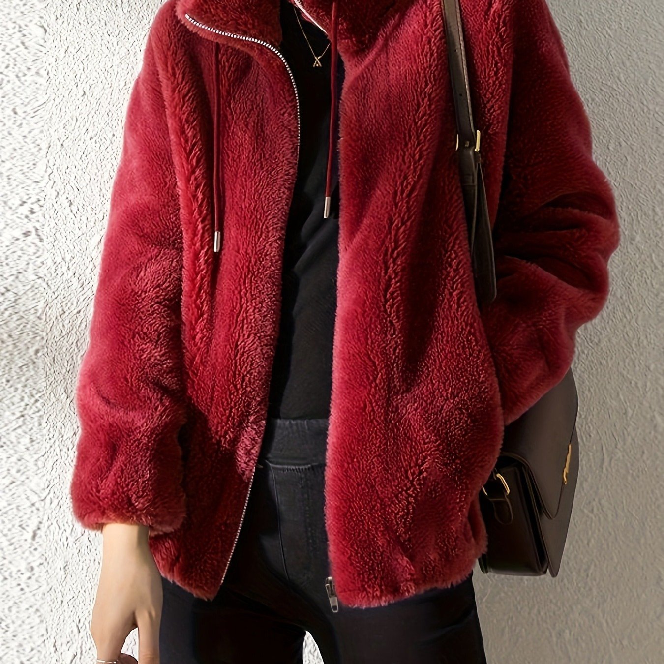 imms1k-9f - AllSeason Cozy Faux Fur ZipUp Jacket with Stand Collar Rich Burgundy