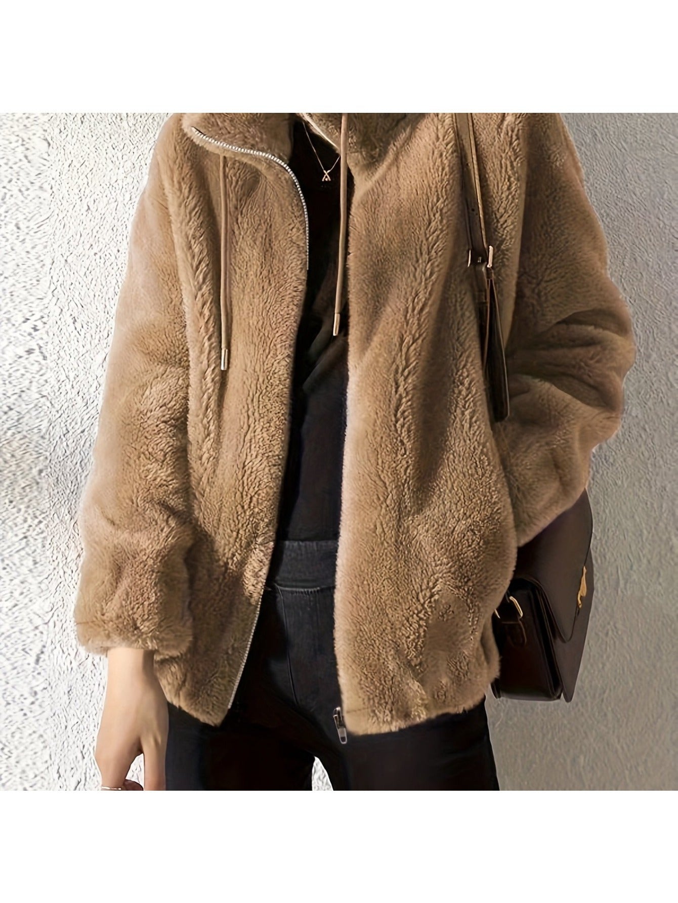 imms1k-9f - AllSeason Cozy Faux Fur ZipUp Jacket with Stand Collar