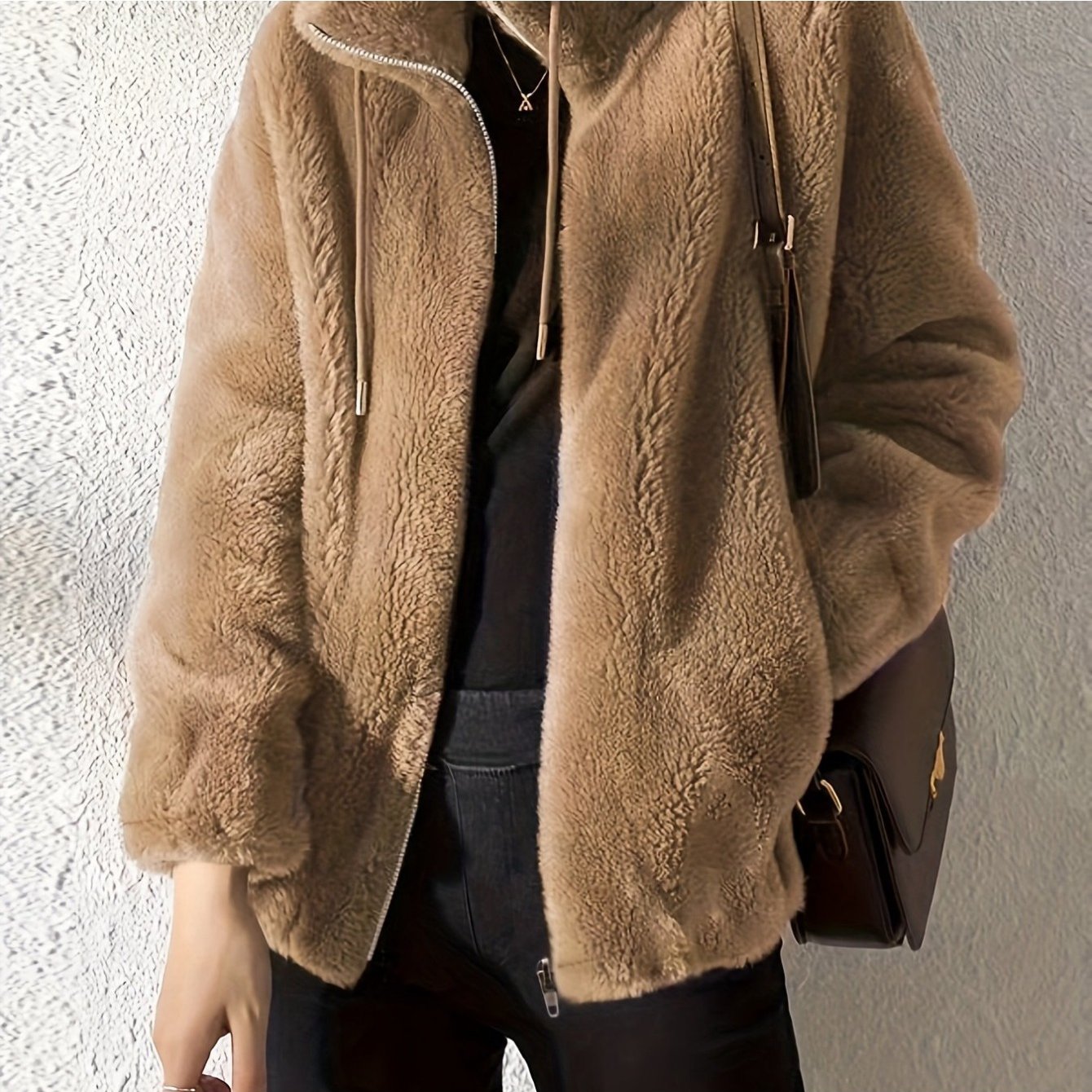 imms1k-9f - AllSeason Cozy Faux Fur ZipUp Jacket with Stand Collar Rose Brown