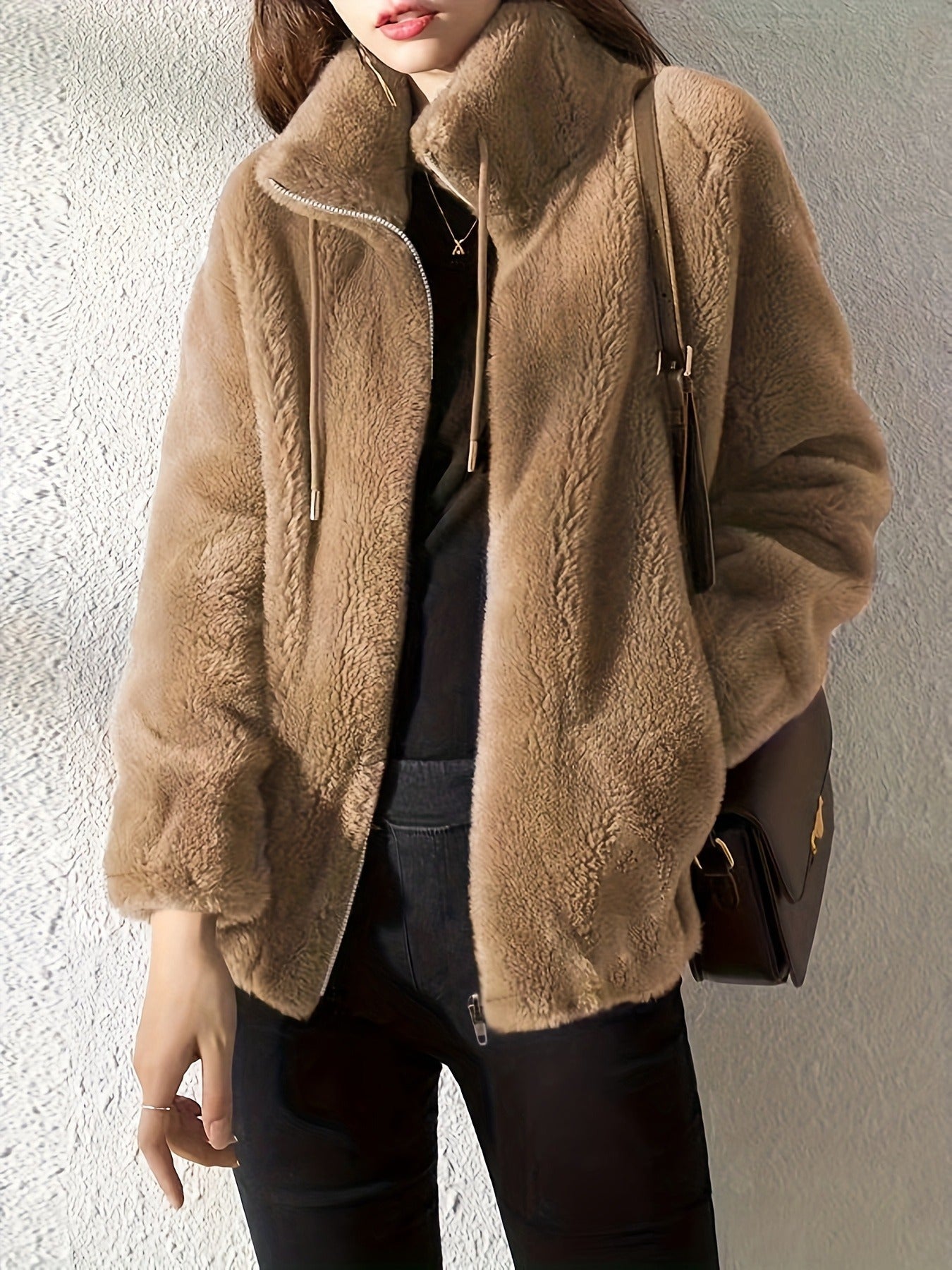 imms1k-9f - AllSeason Cozy Faux Fur ZipUp Jacket with Stand Collar