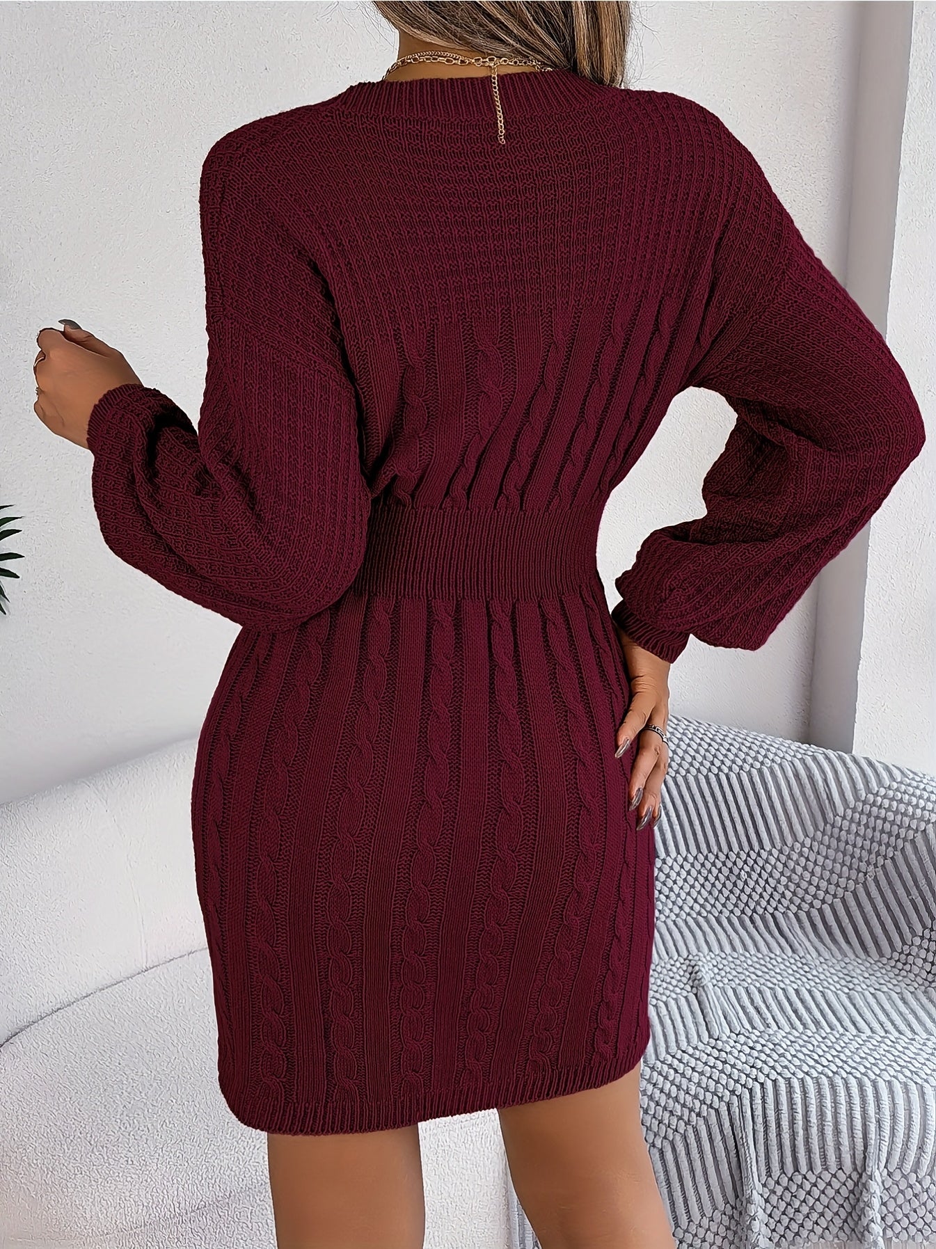 imms1k-9f - Versatile Twisted Lantern Sleeve Sweater Dress