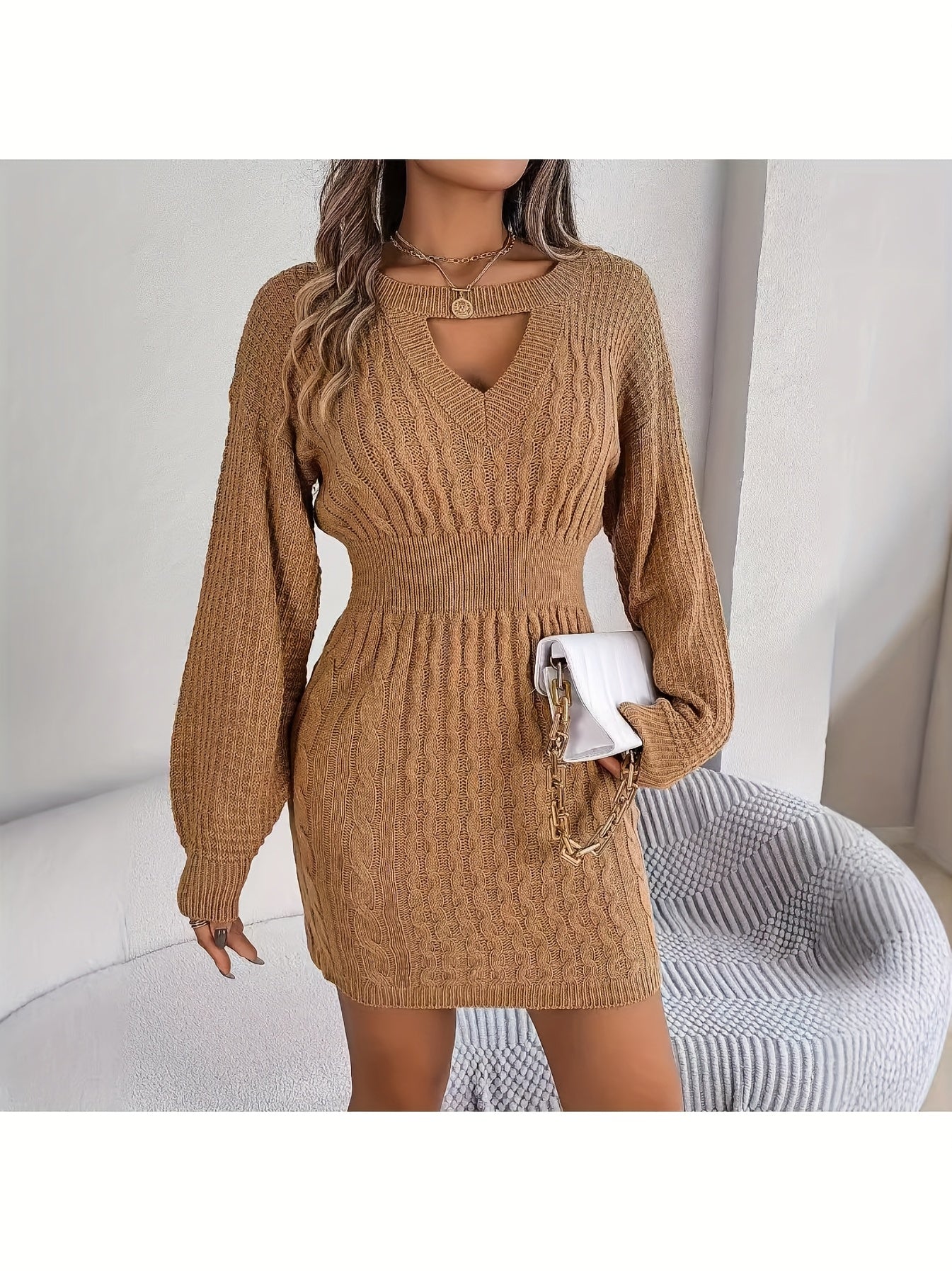 imms1k-9f - Versatile Twisted Lantern Sleeve Sweater Dress
