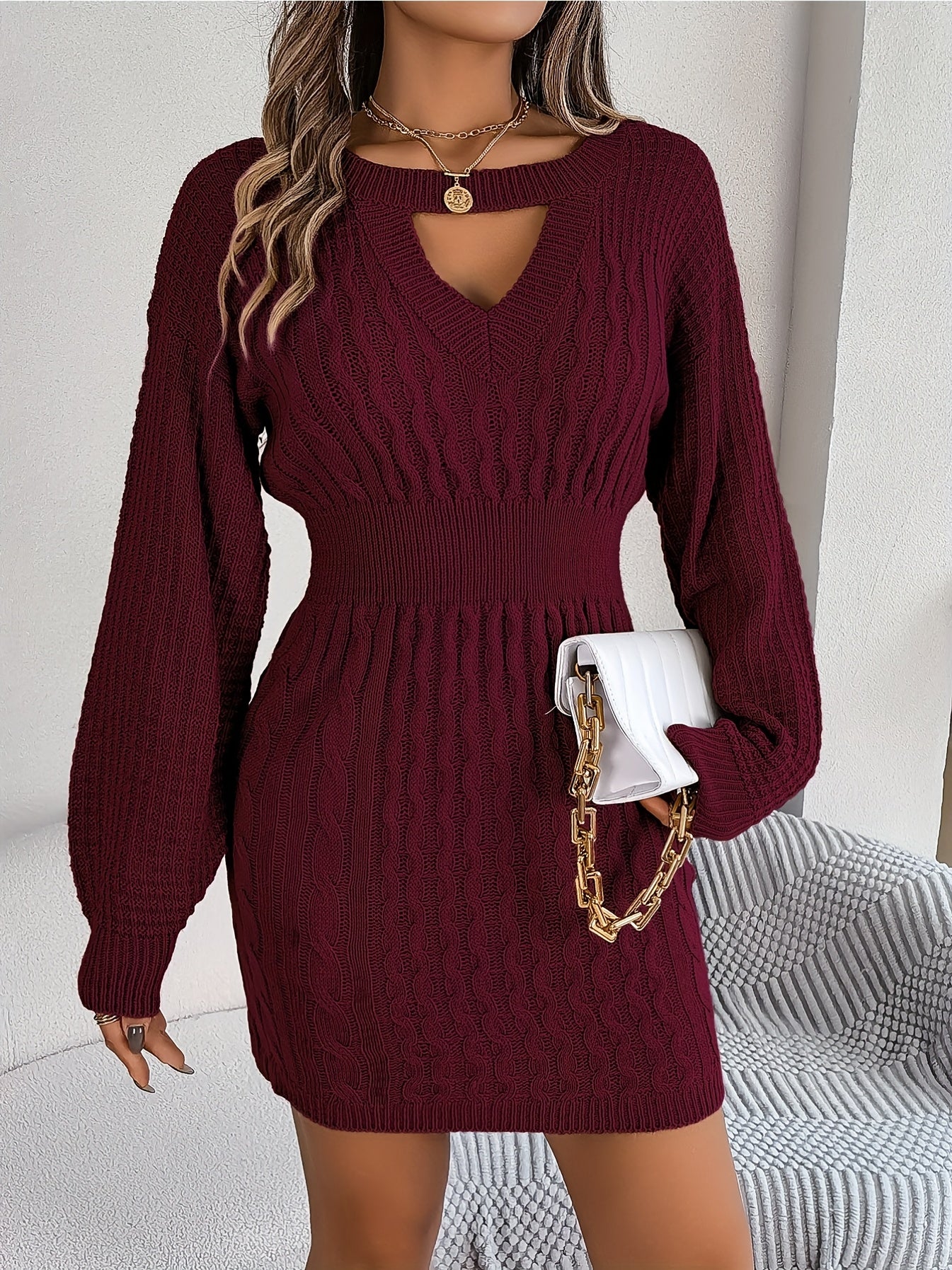 imms1k-9f - Versatile Twisted Lantern Sleeve Sweater Dress