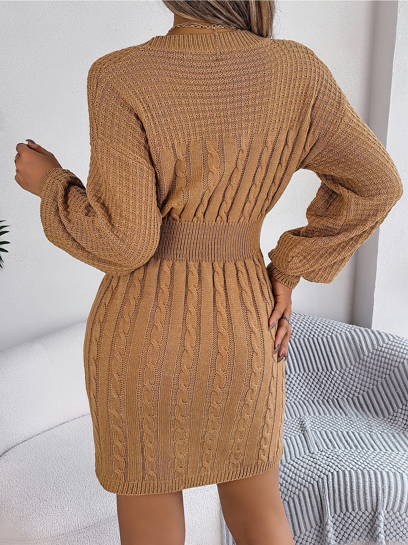 imms1k-9f - Versatile Twisted Lantern Sleeve Sweater Dress