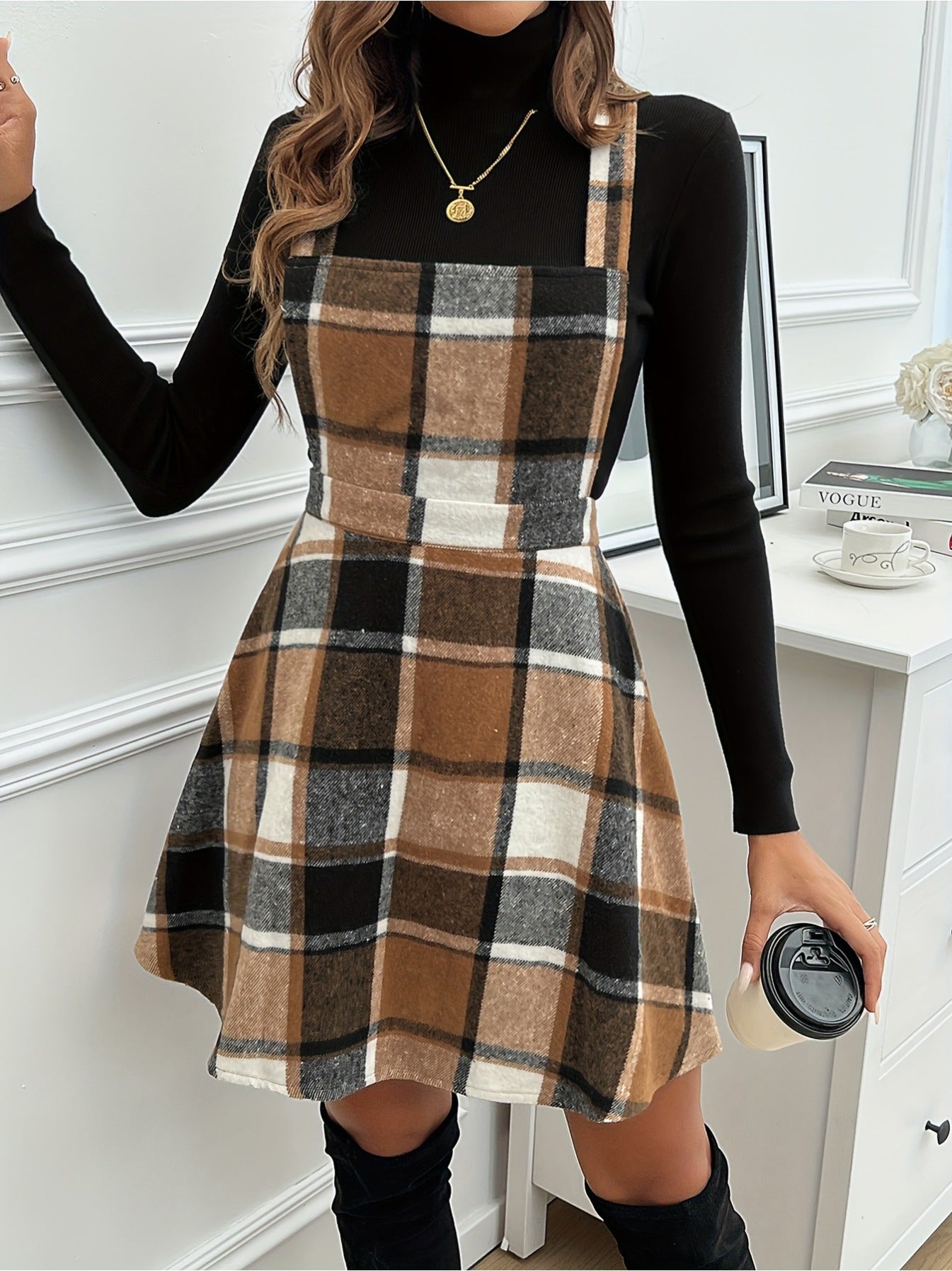 imms1k-9f - Chic ALine Plaid Dress with Cross Straps