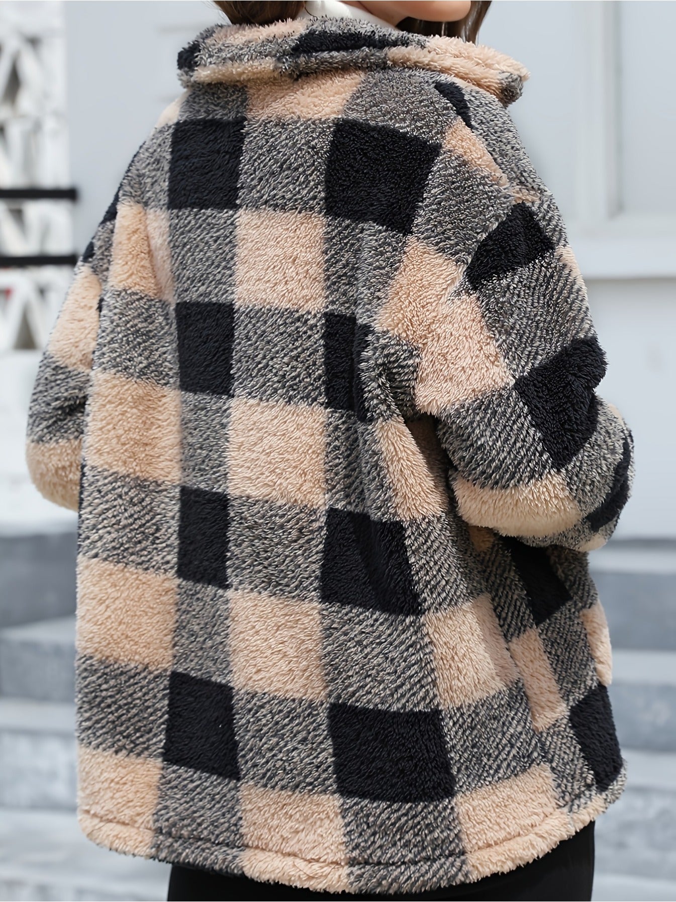 imms1k-9f - Womens Plaid Patchwork ButtonUp Coat with Pockets