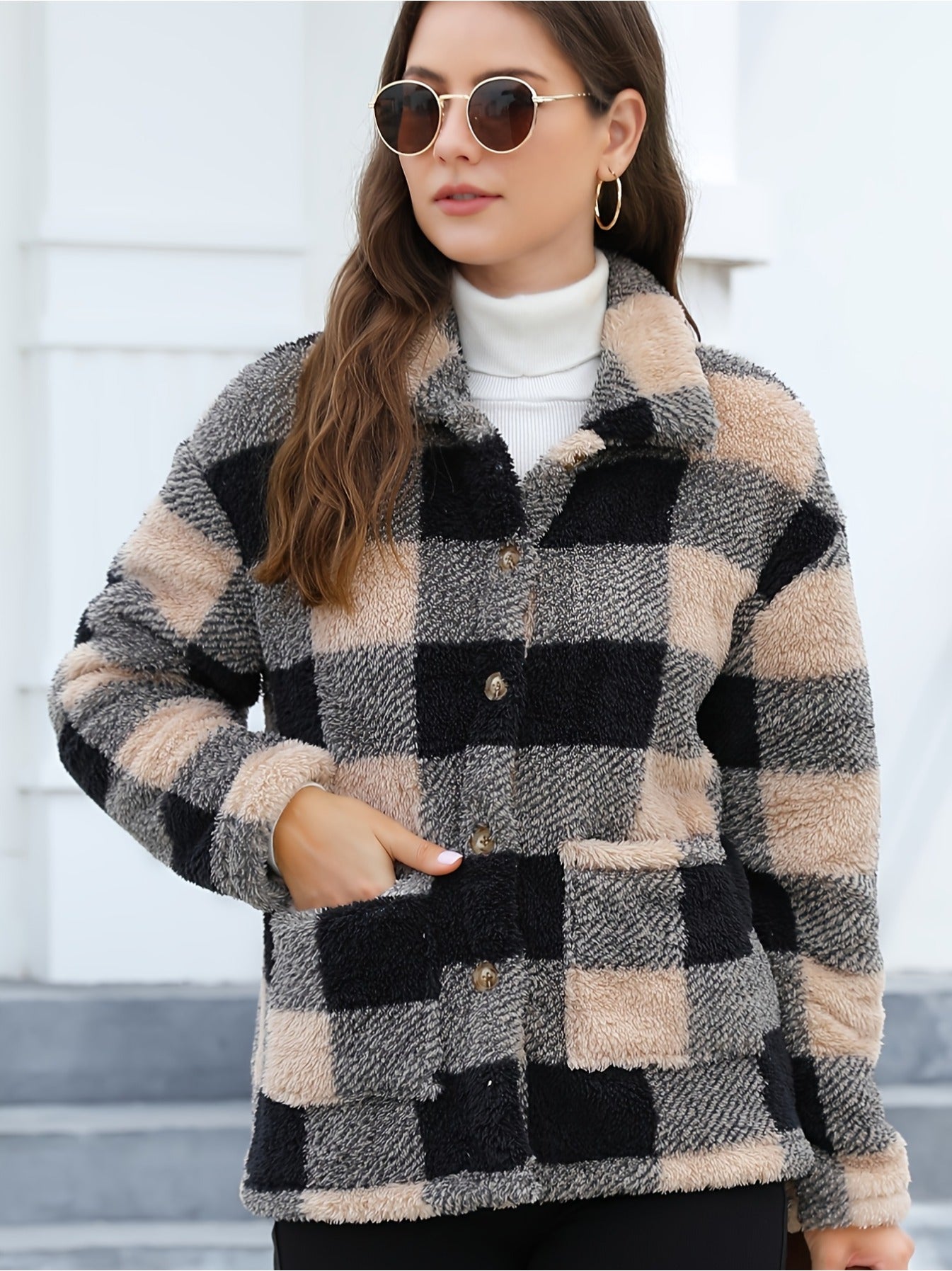 imms1k-9f - Womens Plaid Patchwork ButtonUp Coat with Pockets