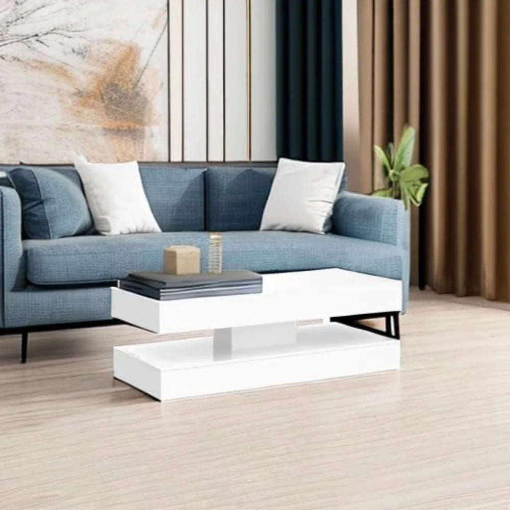 Zimonto Modern White Coffee Table with Storage Shelf for Stylish Living Room Decoration