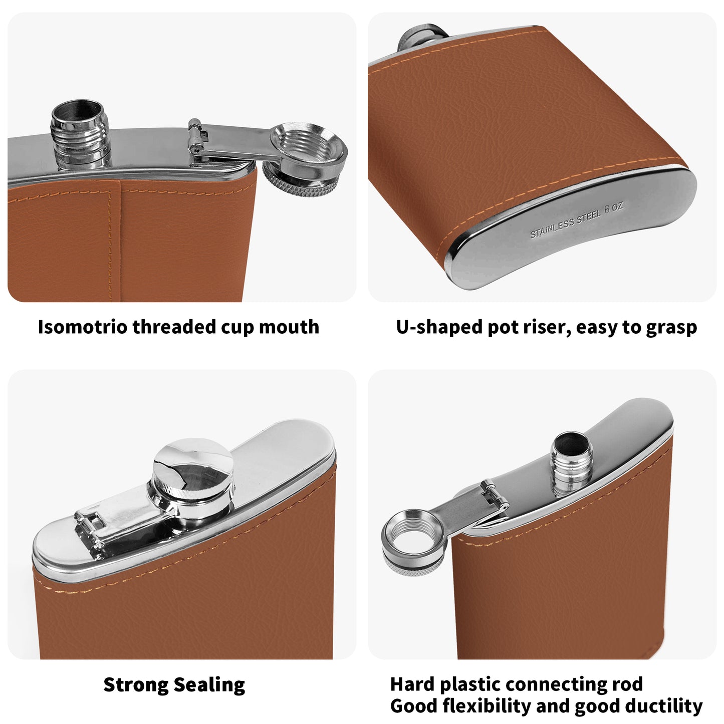 popcustoms - Custom Leather Wrapped Stainless Steel 6oz Flask