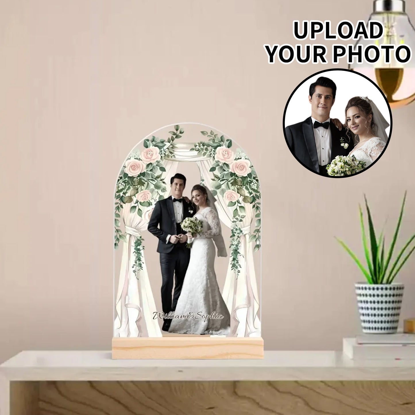 popcustoms - Personalised Lightweight Arch Acrylic Table Sign with Wood Stand
