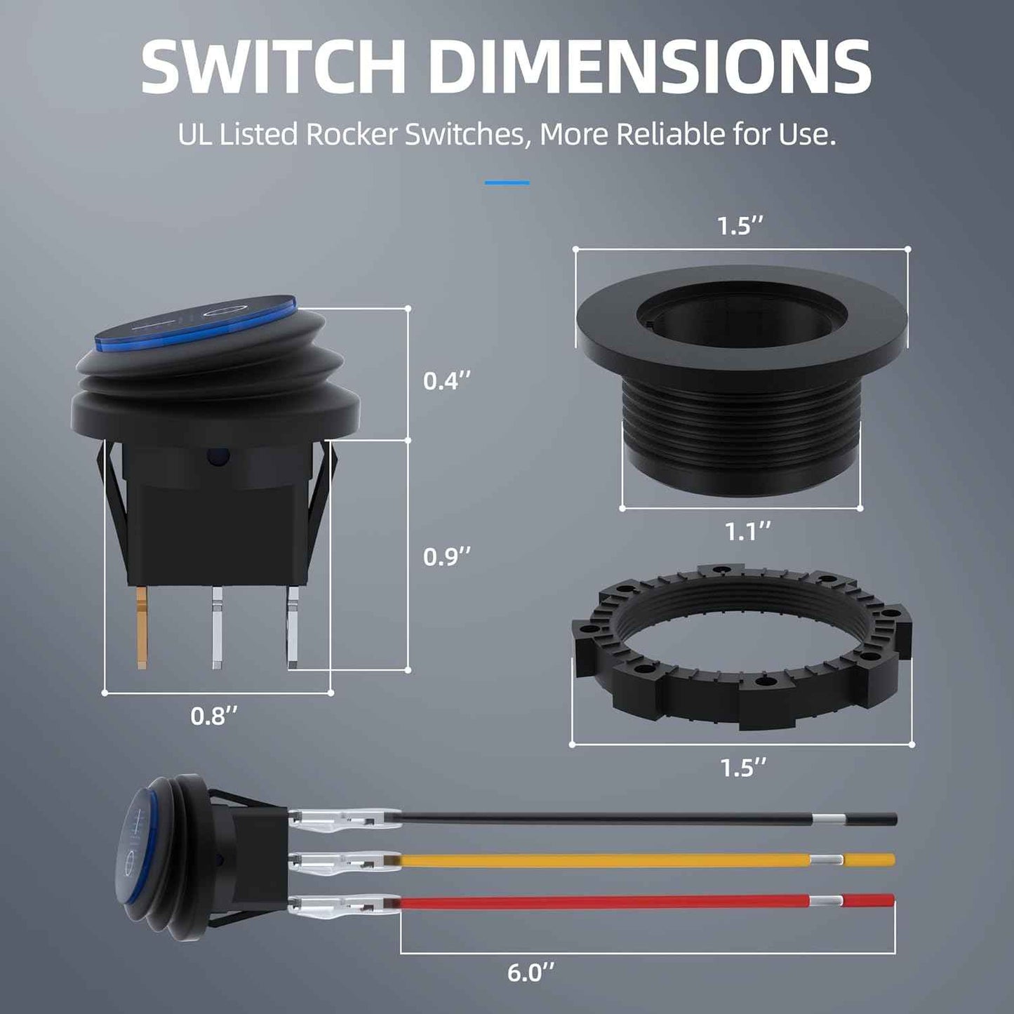 Dimensions of Zimonto waterproof rocker switch 12V with detailed parts and wiring information