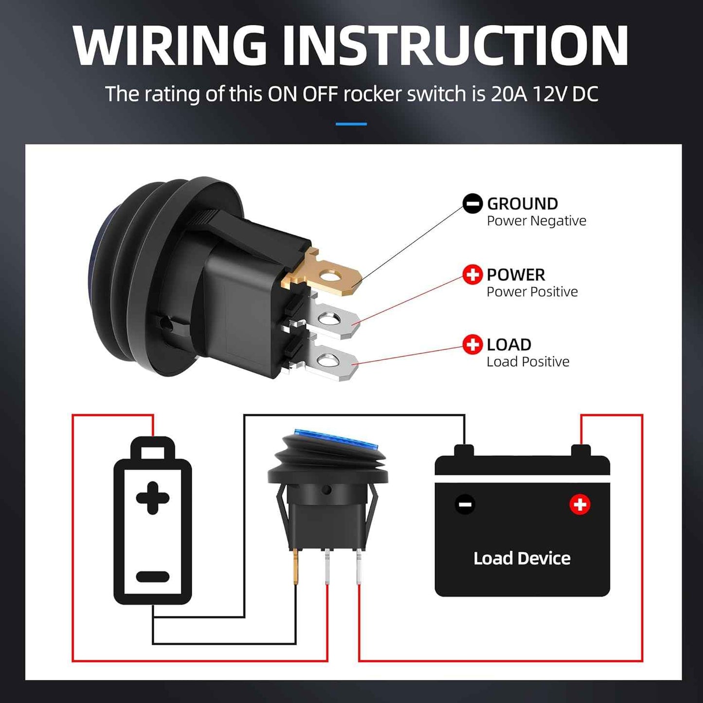 Wiring diagram for Zimonto waterproof rocker switch 12V with labels for ground, power, and load connections