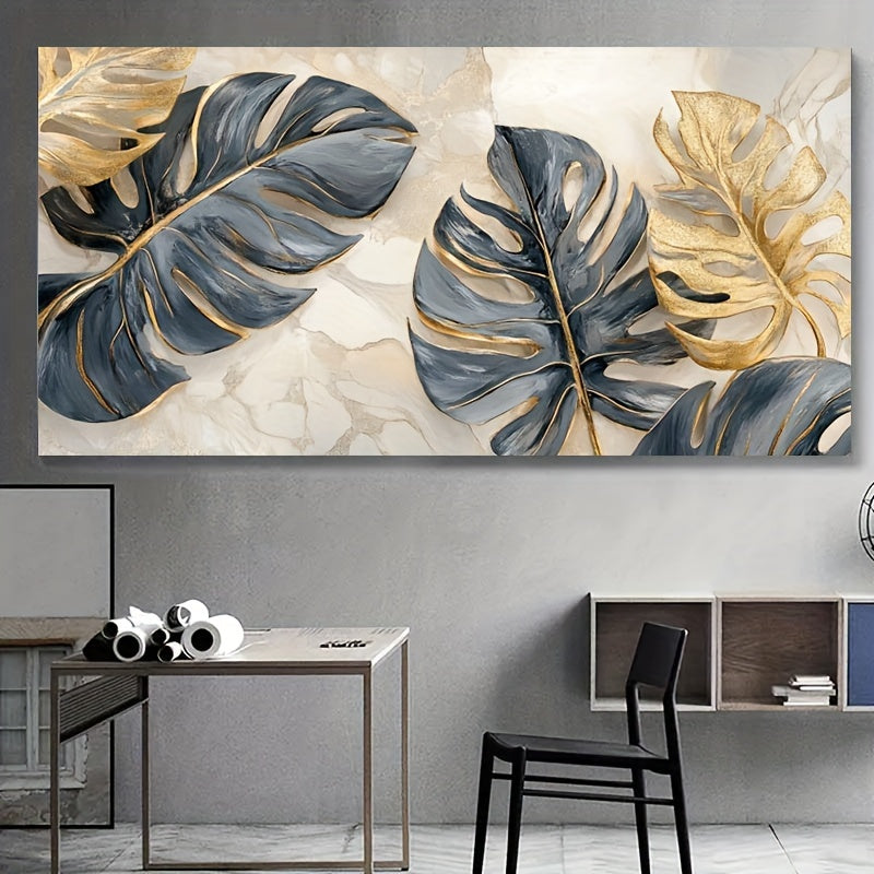 Zimonto - Modern Abstract Golden Leaves Canvas Art, 23.62" x 47.24", Frameless Fine Art Poster for Living Room & Bedroom Decor