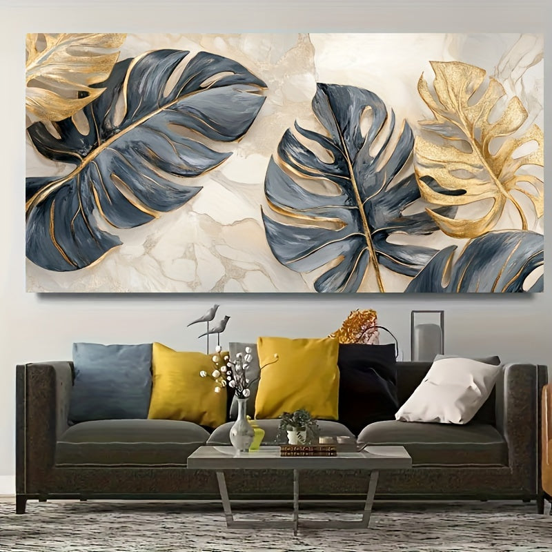 Zimonto - Modern Abstract Golden Leaves Canvas Art, 23.62" x 47.24", Frameless Fine Art Poster for Living Room & Bedroom Decor